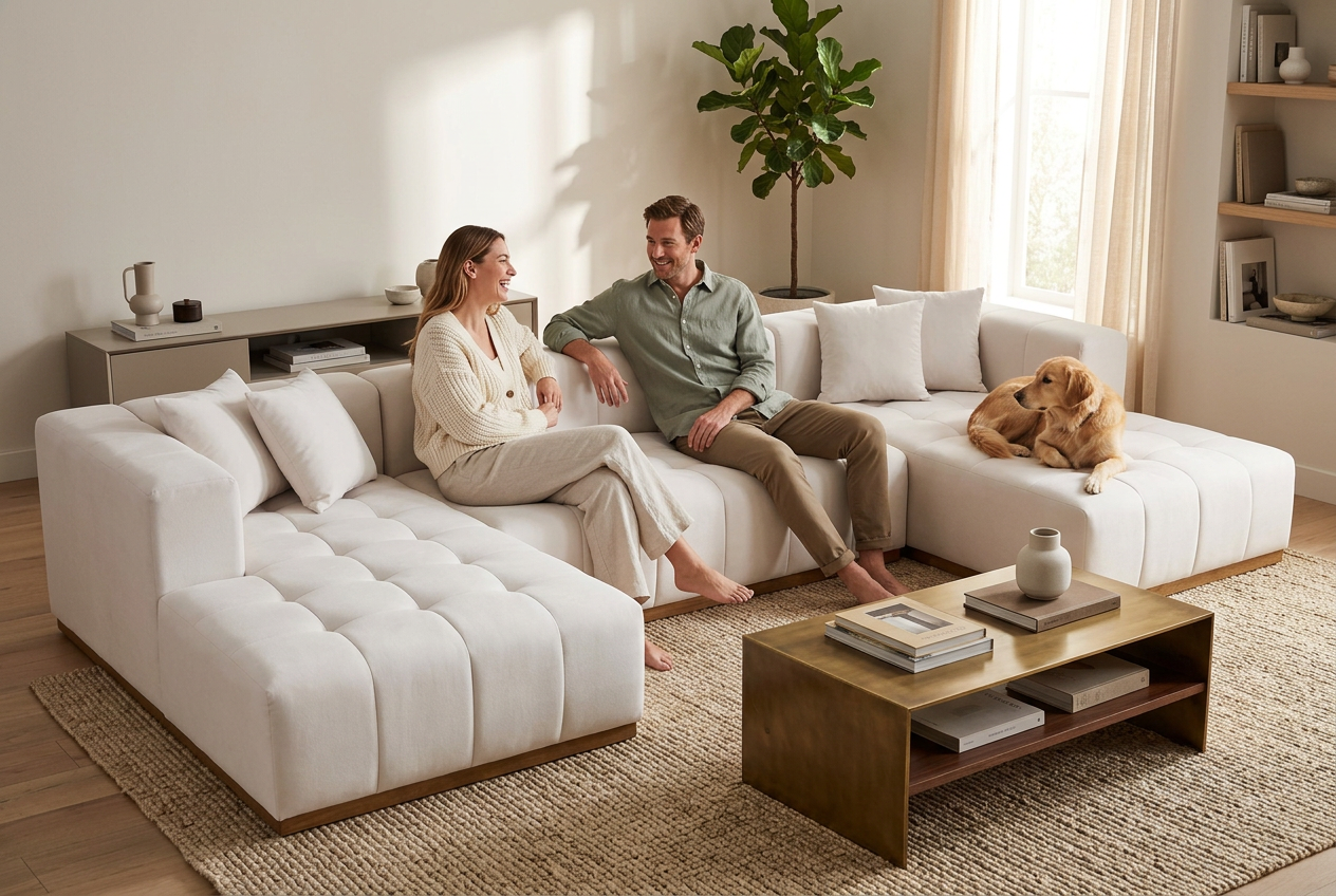 Montecito Ivory Velvet Double Chaise "U" Shape Sectional Sofa