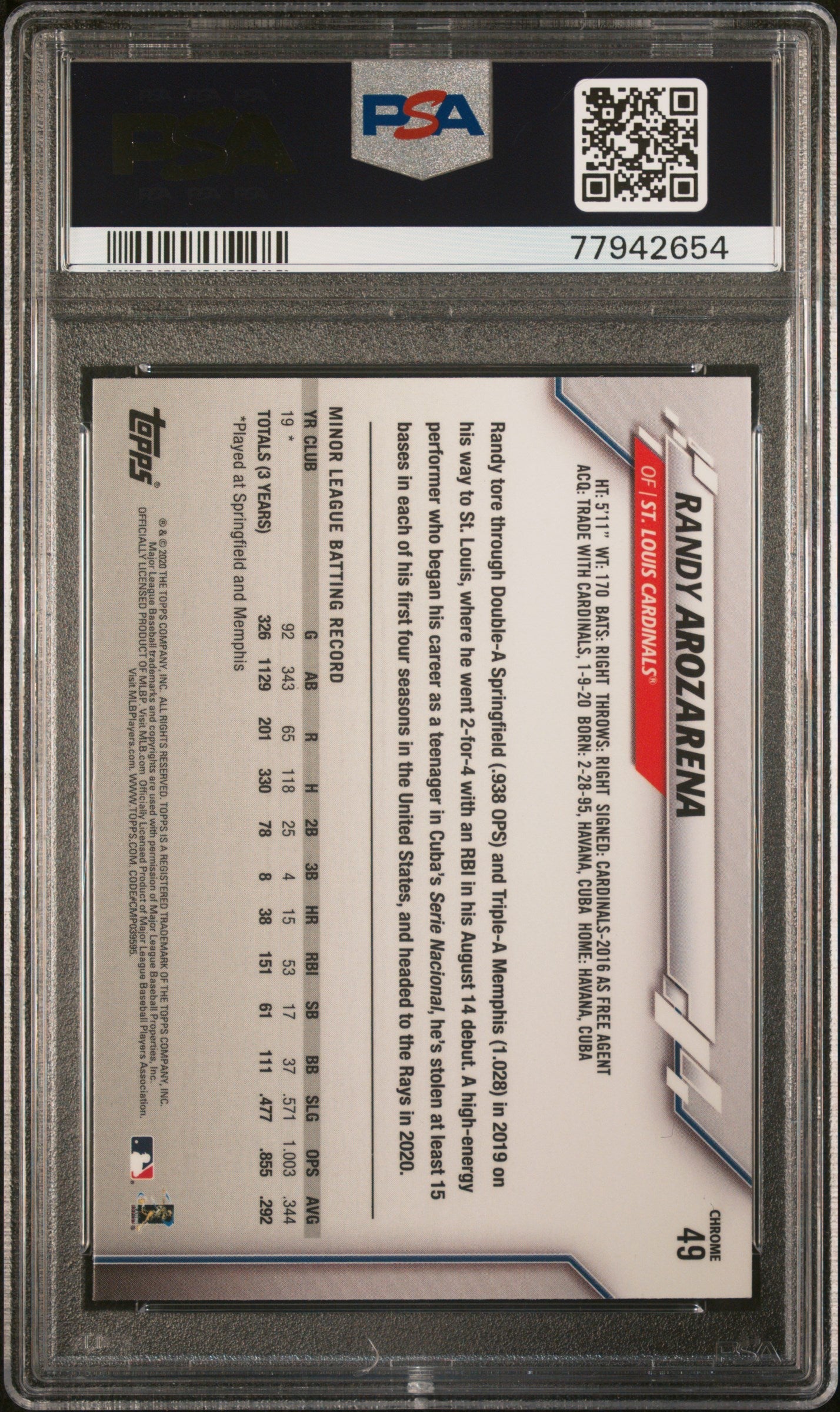Graded 2020 Topps Chrome Randy Arozarena #49 Rookie RC Baseball Card PSA 10 Gem Mint