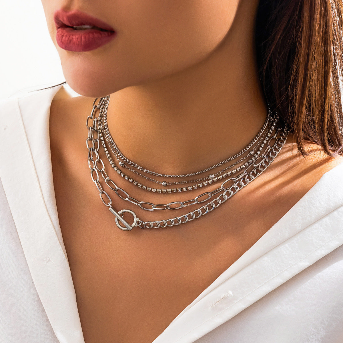 Thin Chain Layered Rhinestone Chain Bracelet Set