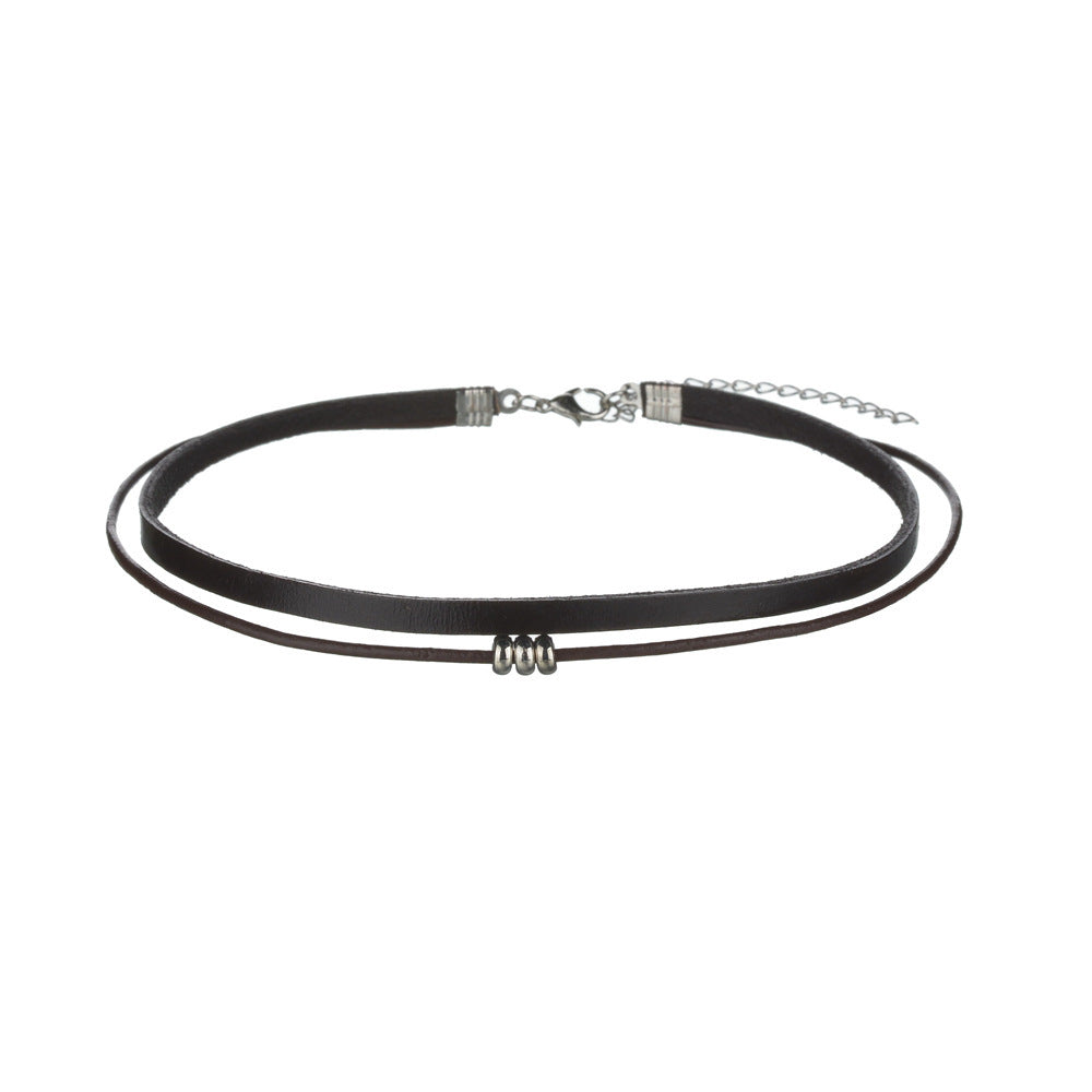 Leather Black Layered Beaded Velvet Choker Necklace
