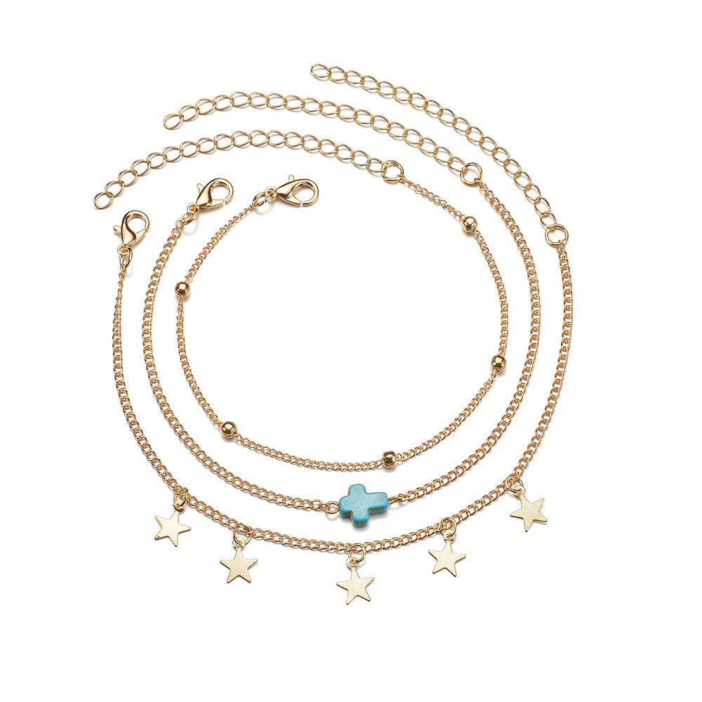 Summer Beach Multi Layered Cross Anklet Jewelry
