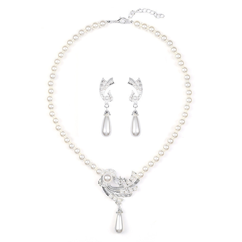 Pearl Necklace Earrings Set Bridal Fashionable New Alloy Two-piece Jewelry Set