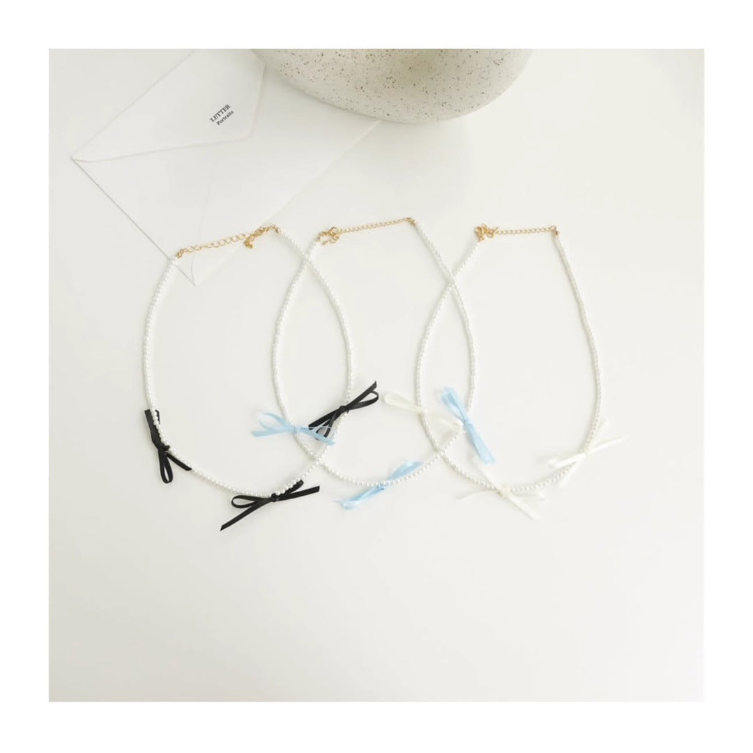 Black Ribbon Bow Pearl Necklace