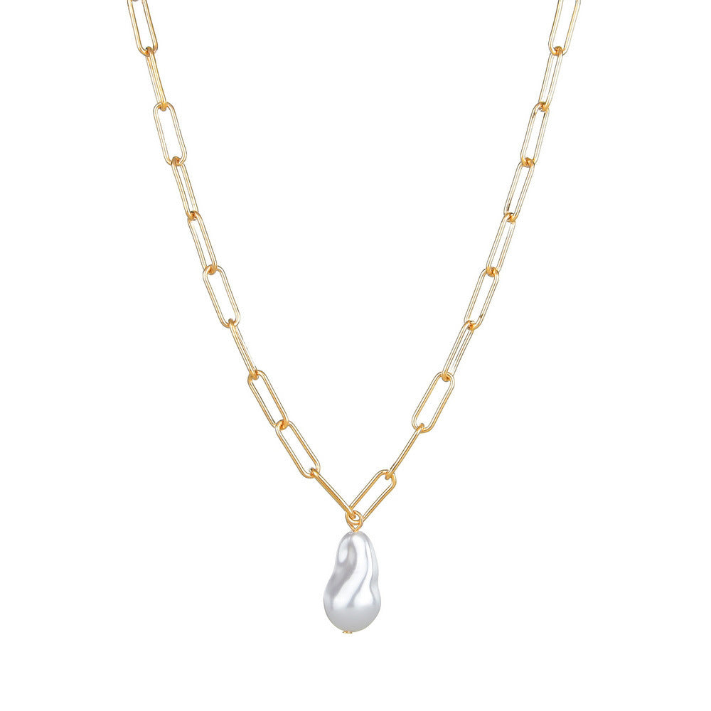 Paper Clip Chain Necklace Baroque Large Pearl Pendant