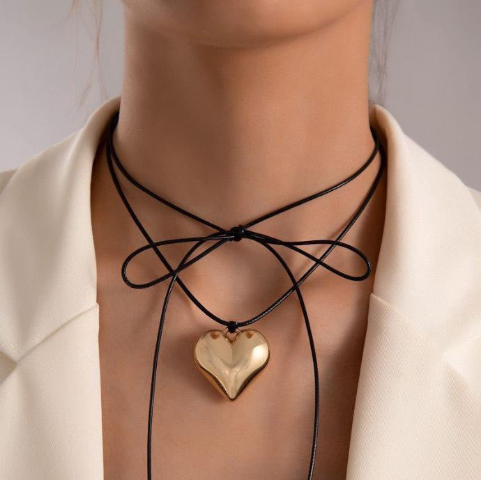 Elegant Goth Black Wax Line Love Heart Pendant Necklace