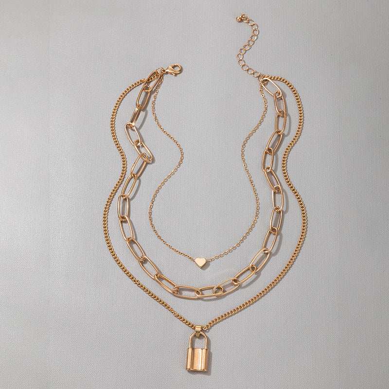 Multi Layered Thick Chain Love Lock Pendant Choker Necklace
