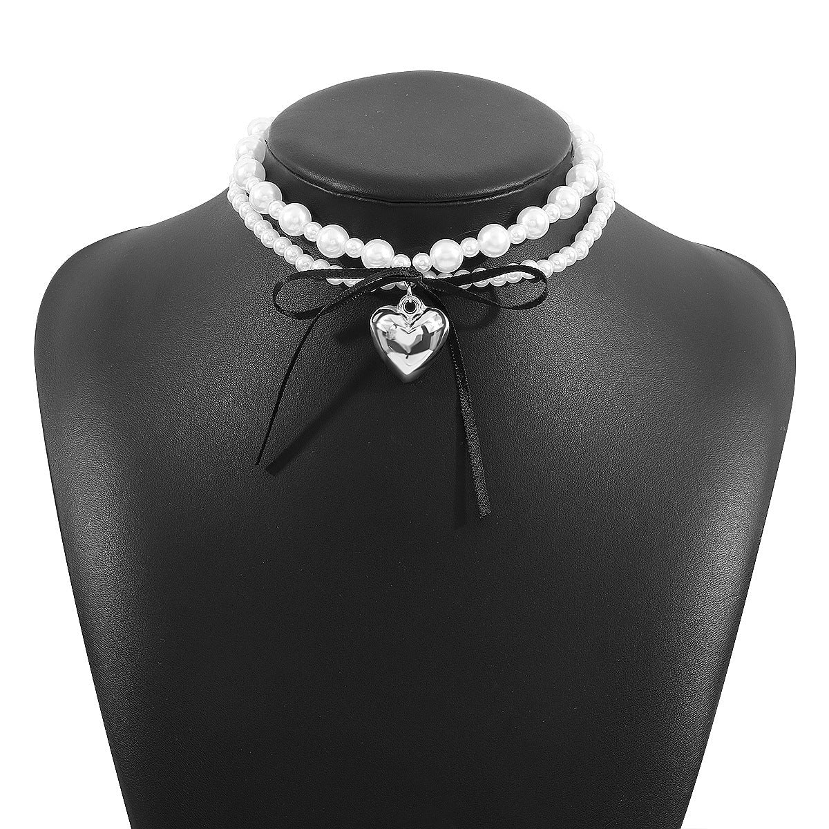 Goth Black Ribbon Bow Heart Pendant Necklace for Women