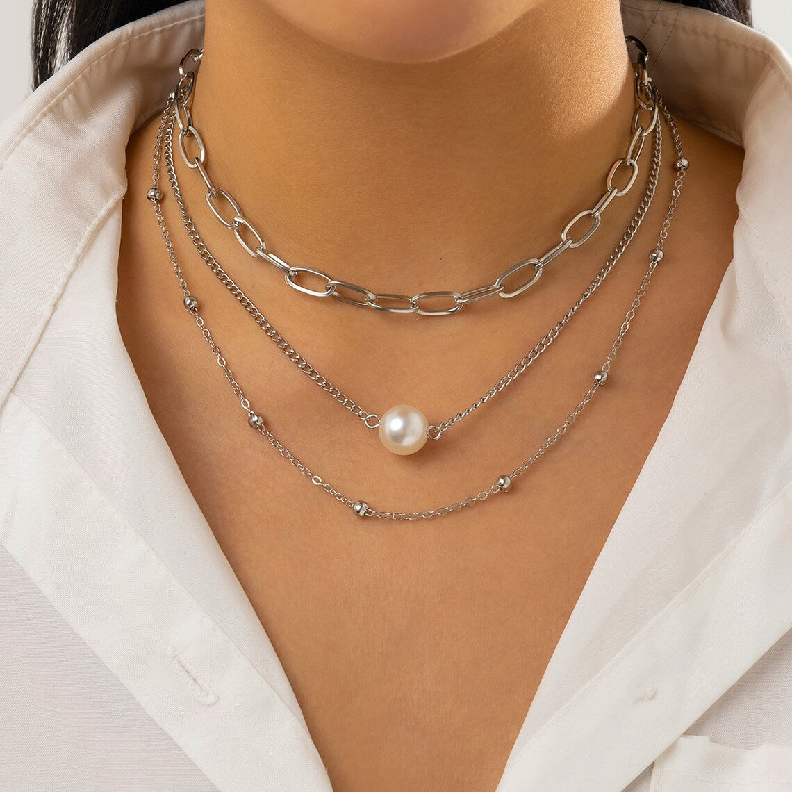 Vintage Pearl Charm Layered Fashion Necklace Statement Jewelry