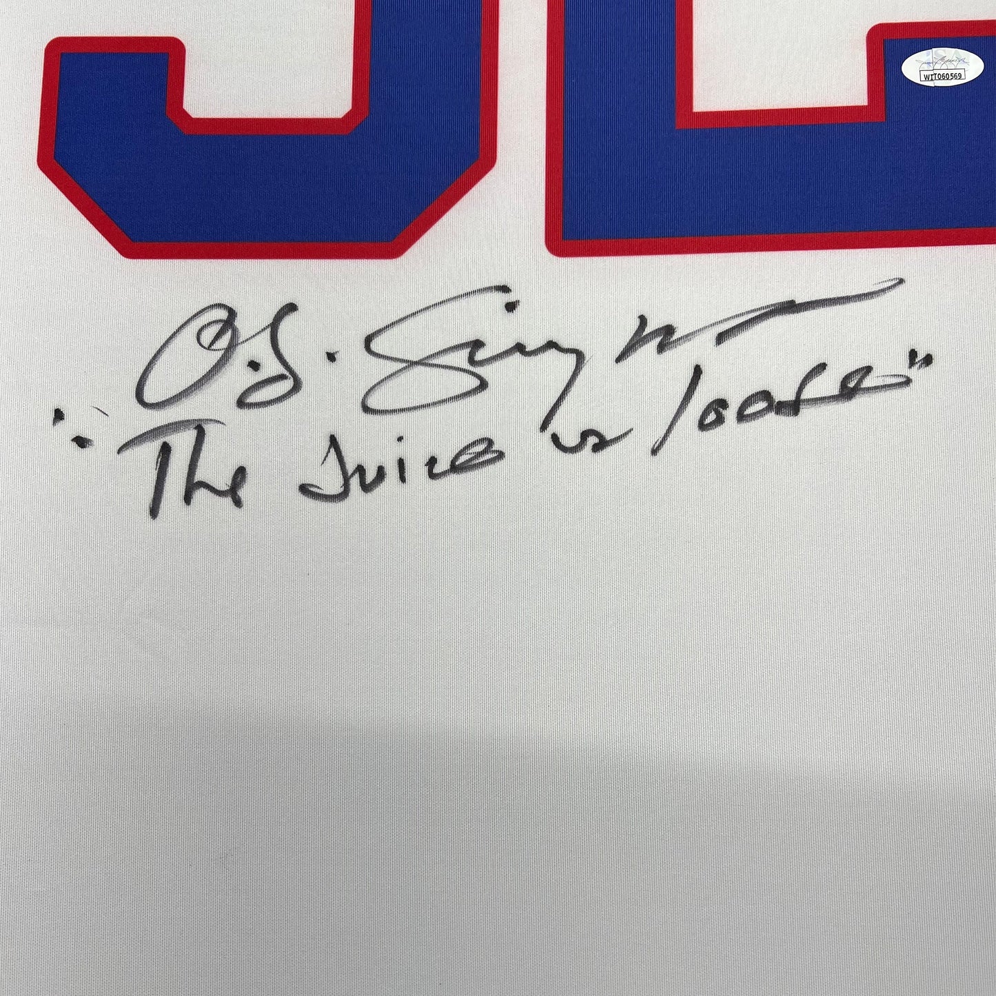 Framed Autographed/Signed OJ O.J. Simpson 35x39 The Juice Buffalo White Football Jersey JSA COA