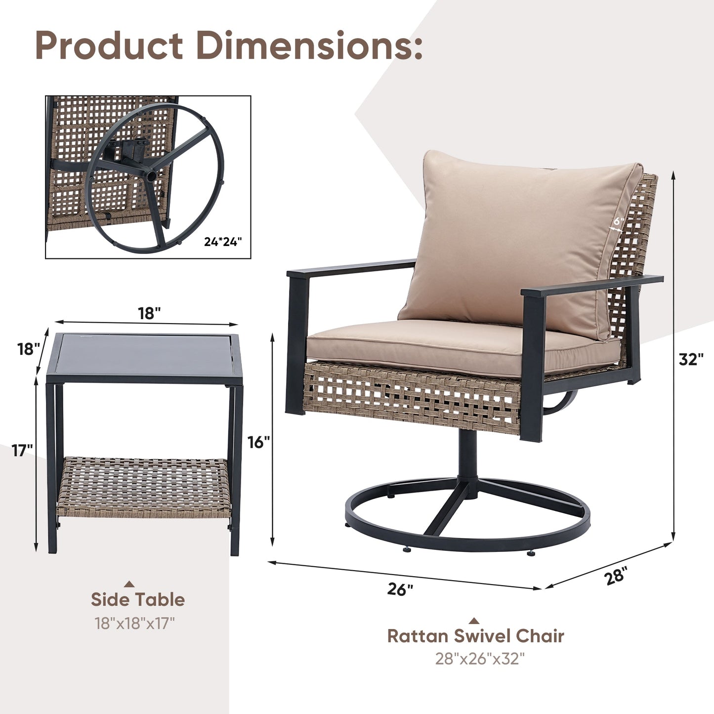 Ainfox 3PCS Patio Sofa With 2 Metal Swivel Chair And Coffee Table For Indoor Outdoor