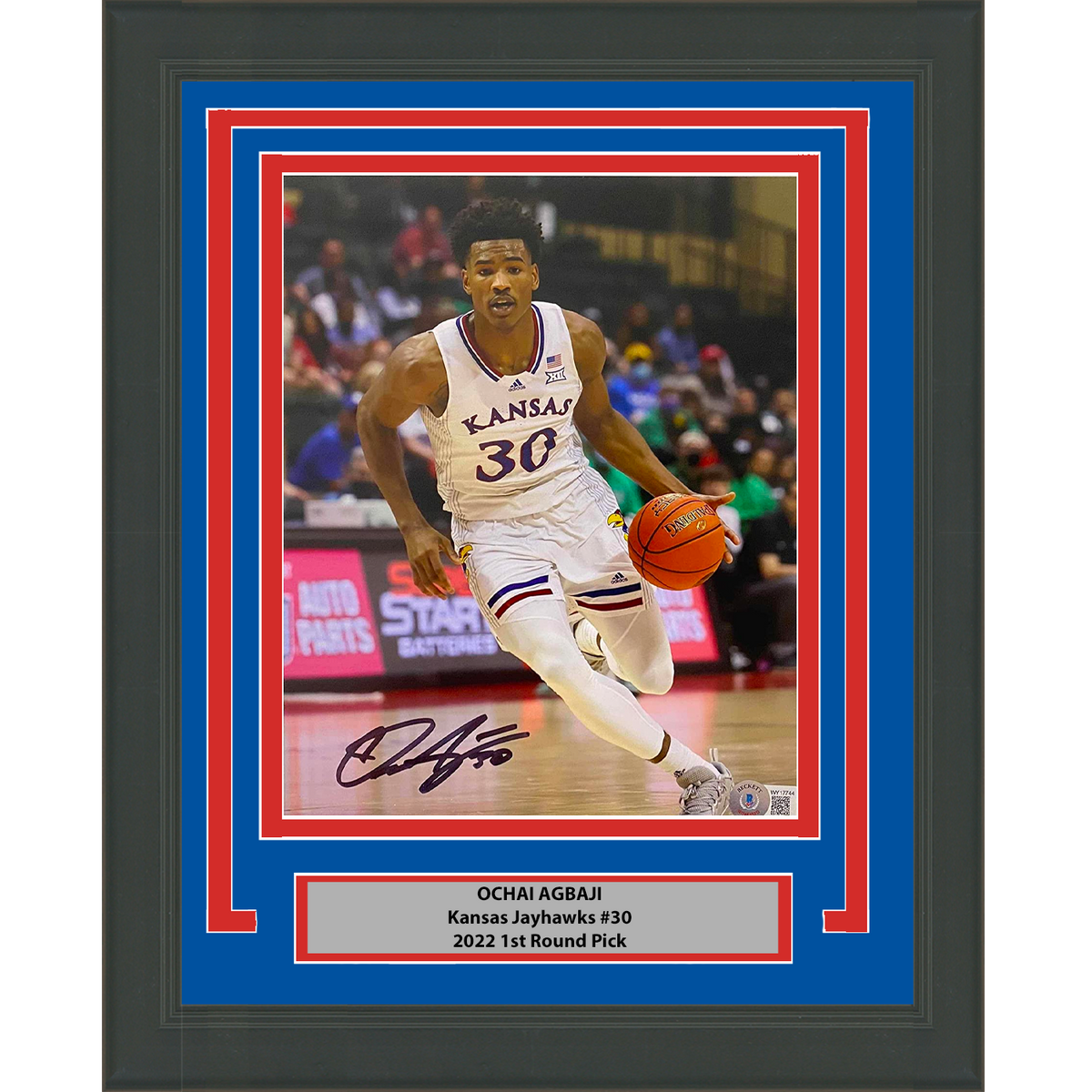 Framed Autographed/Signed Ochai Agbaji Kansas Jayhawks 8x10 Basketball Photo Beckett BAS COA