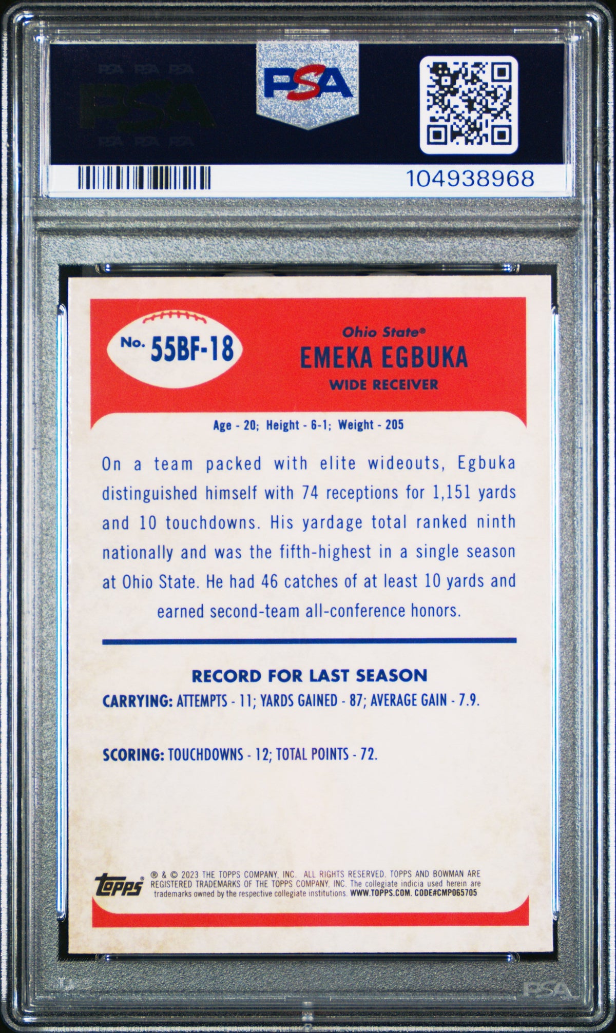 Graded 2023 Topps Bowman U Chrome Emeka Egbuka #55BF18 1955 Bowman Rookie RC Football Card PSA 10 Gem Mint