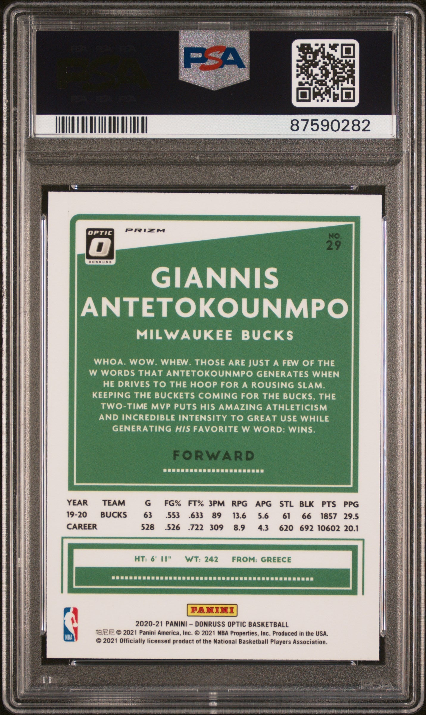 Graded 2020 Panini Donruss Optic Giannis Antetokounmpo #29 Hyper Pink Basketball Card PSA 10 Gem Mint