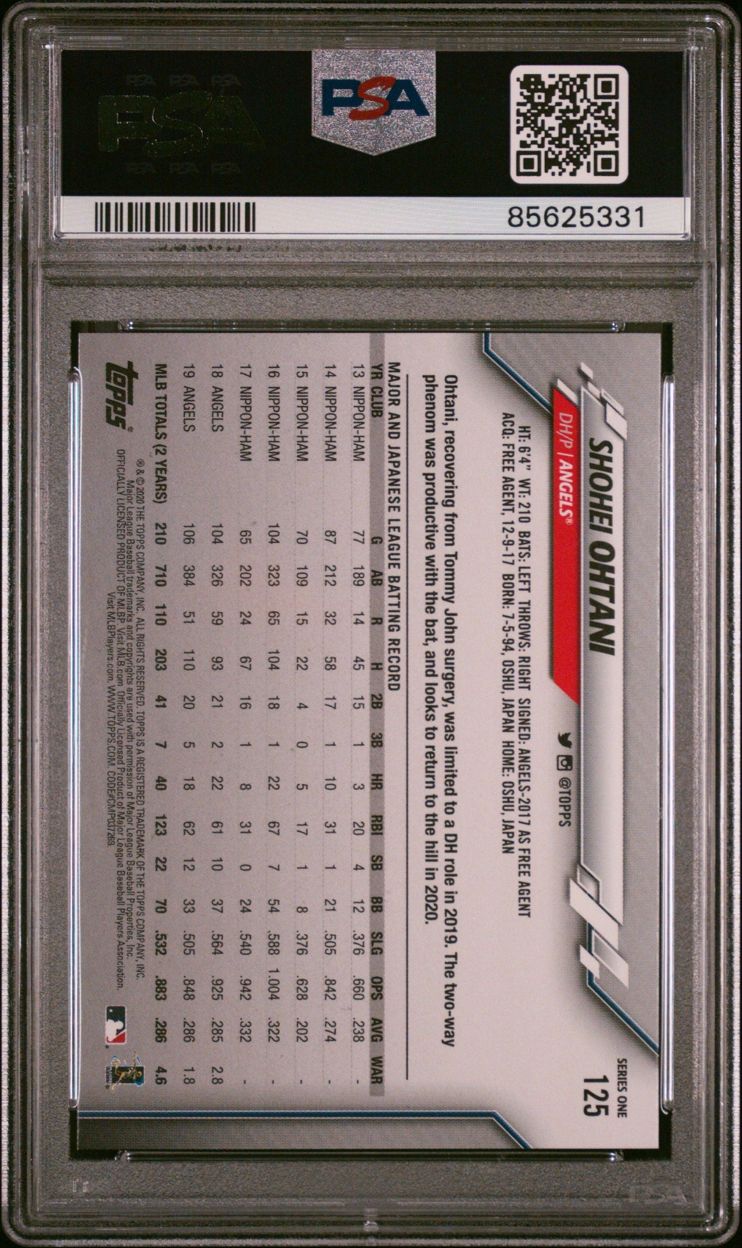 Graded 2020 Topps Complete Set Shohei Ohtani #125 Gold Stars Baseball Card PSA 8 Near Mint
