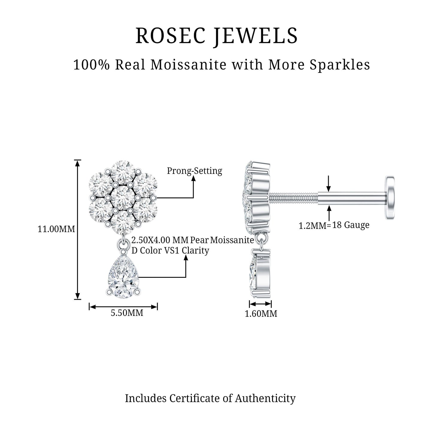 Moissanite Floral Drop Earring for Helix Piercing