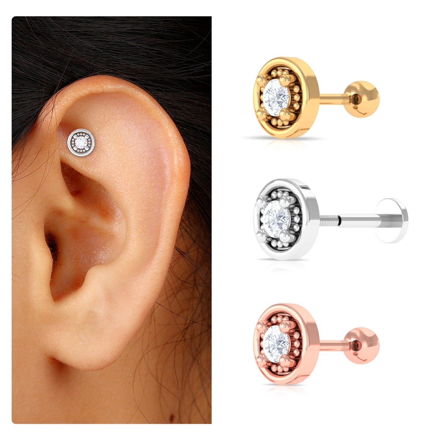 Certified Moissanite Circle Earring for Helix Piercing