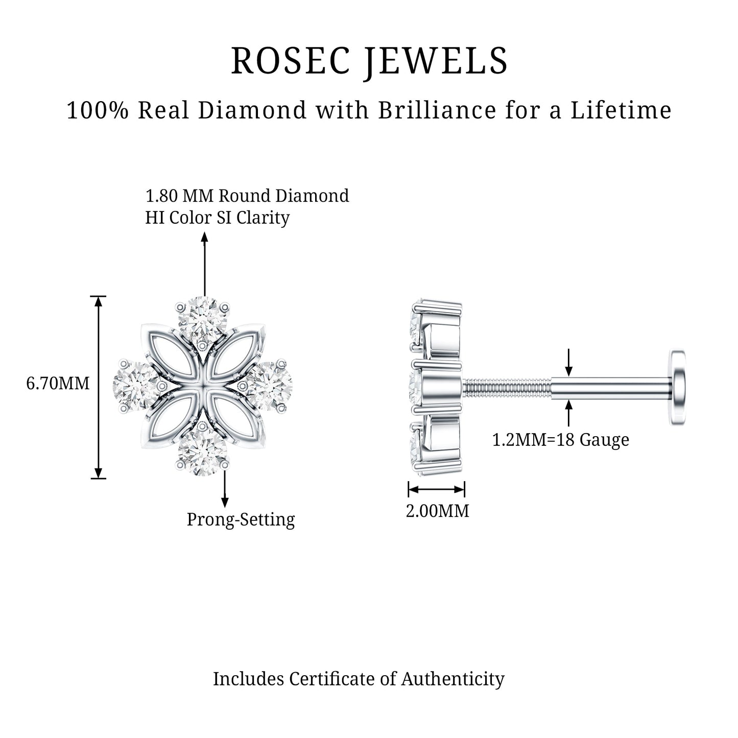 Nature Inspired Certified Diamond Flower Earring for Helix Piercing