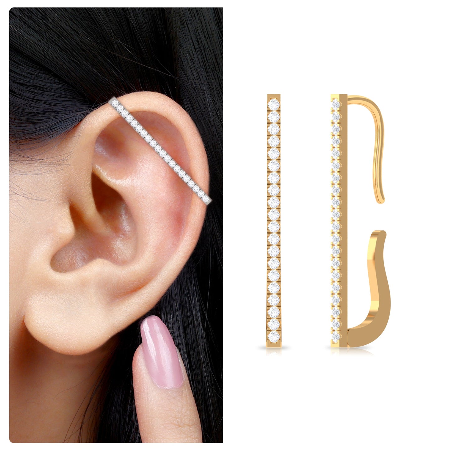 Pave Set Diamond Bar Ear Cuff No Piercing