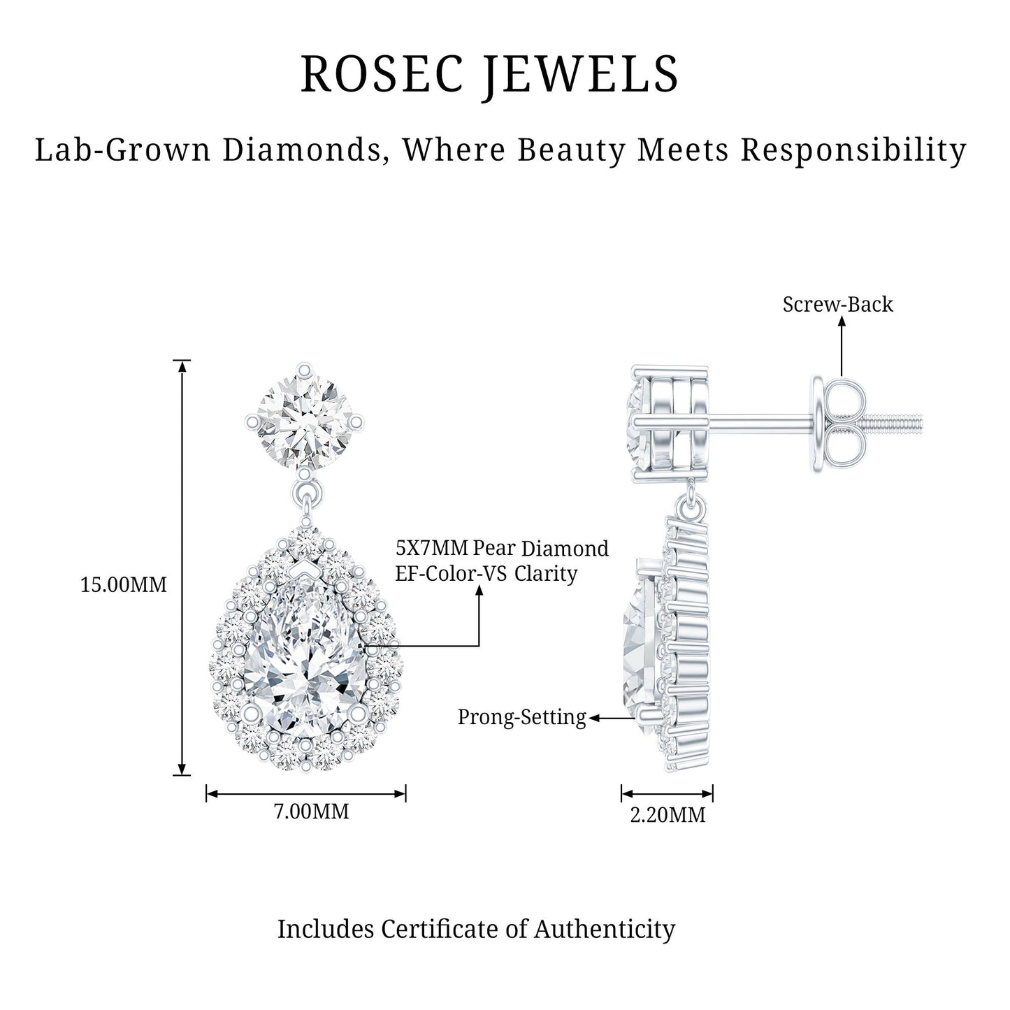 Lab 1.3 Carat Pear Shaped Diamond Bridal Drop Earrings