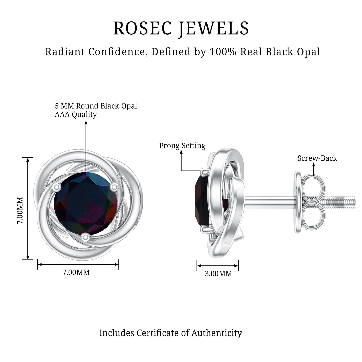 Natural Black Opal Solitaire Swirl Stud Earrings