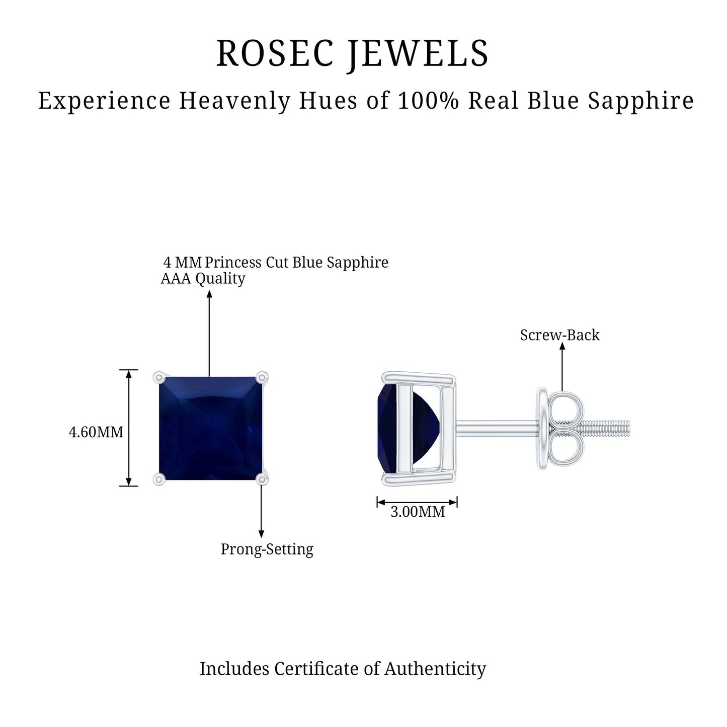 0.9 Carat Solitaire Blue Sapphire Princess Cut Stud Earrings