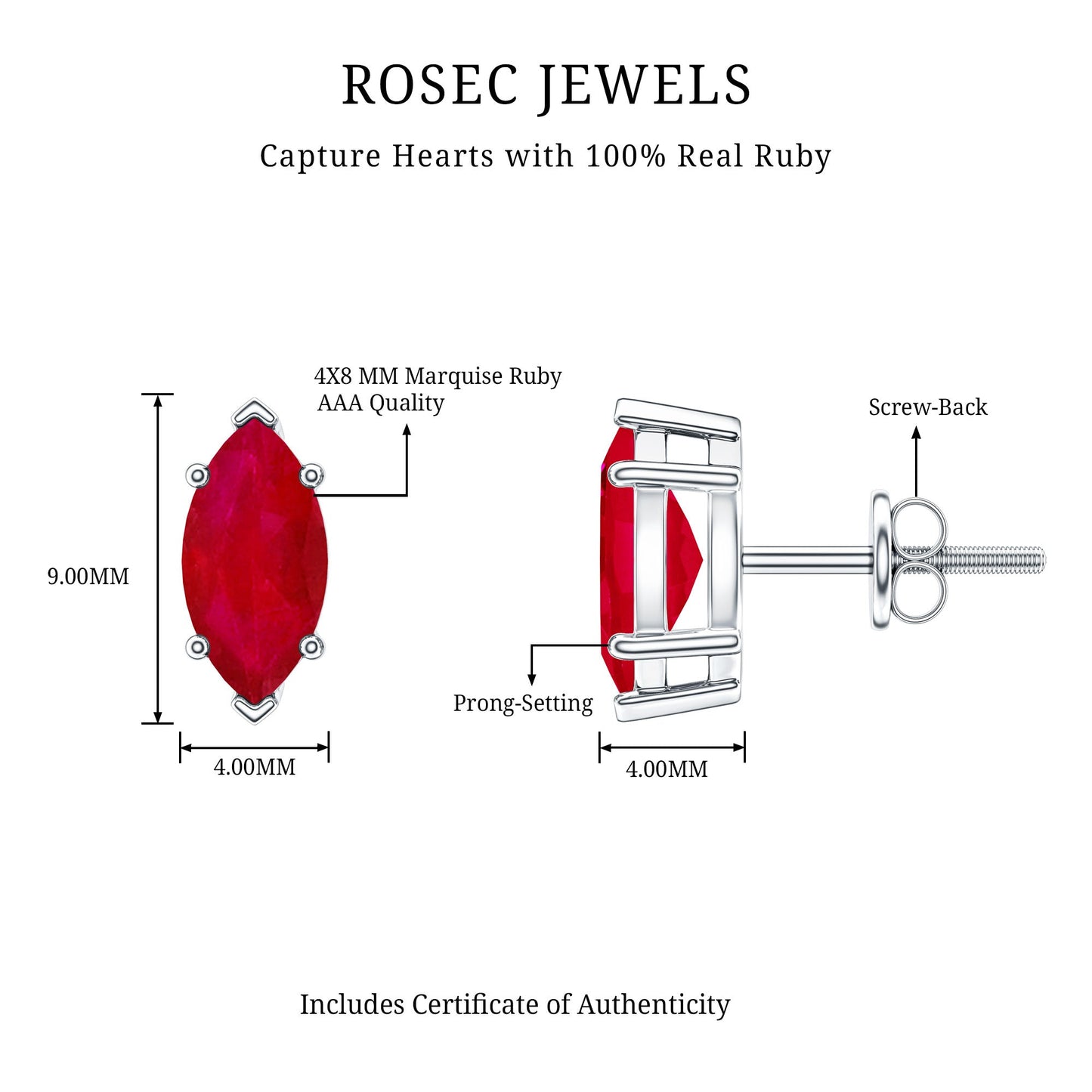 Natural 1.5 Carat Marquise Ruby Stud Earrings with Screw Back