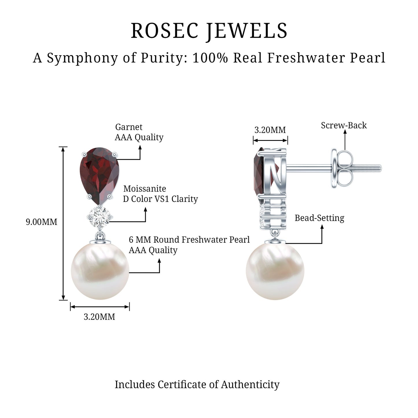 Genuine Freshwater Pearl Drop Earrings with Garnet