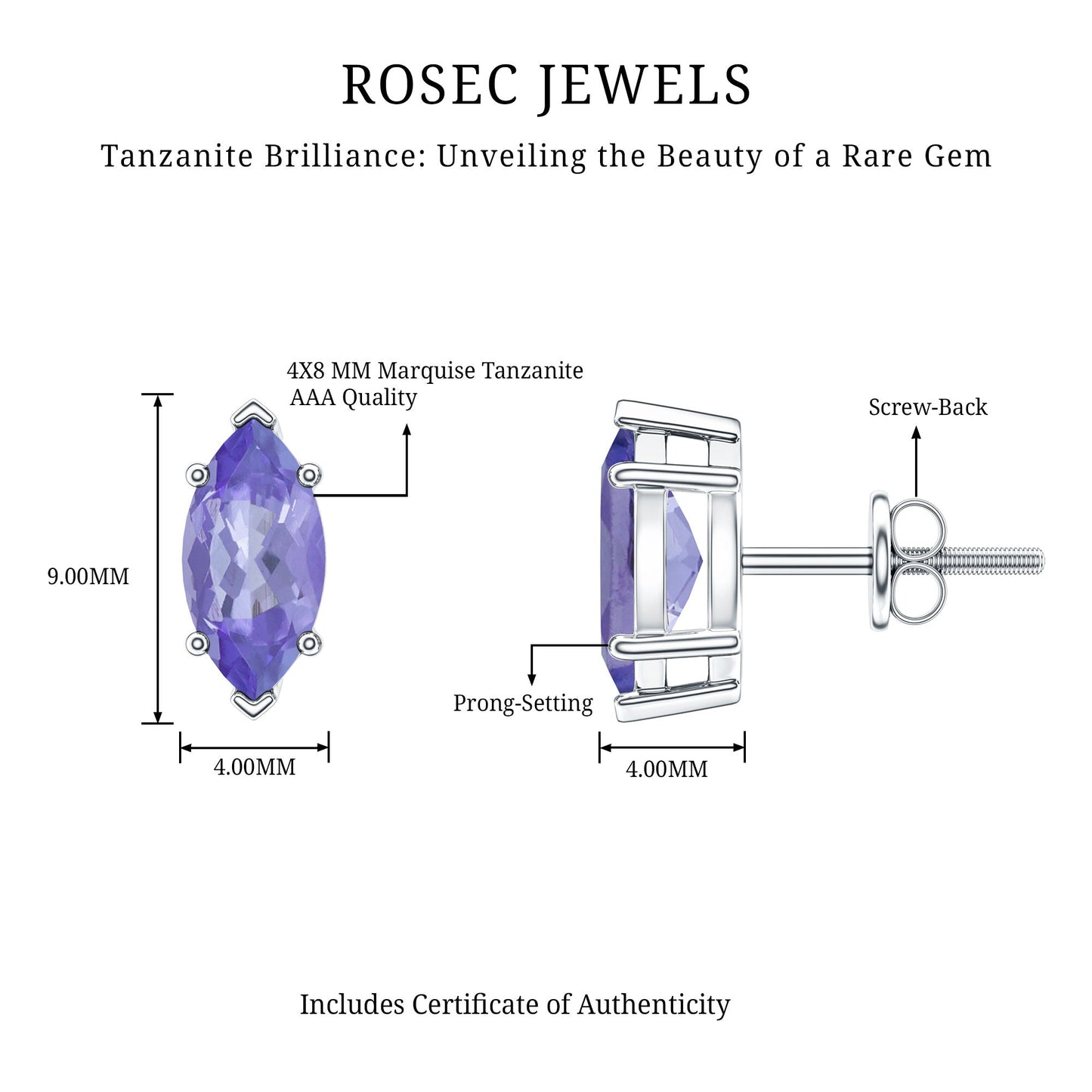1.3 Carat Marquise Cut Tanzanite Solitaire Stud Earrings