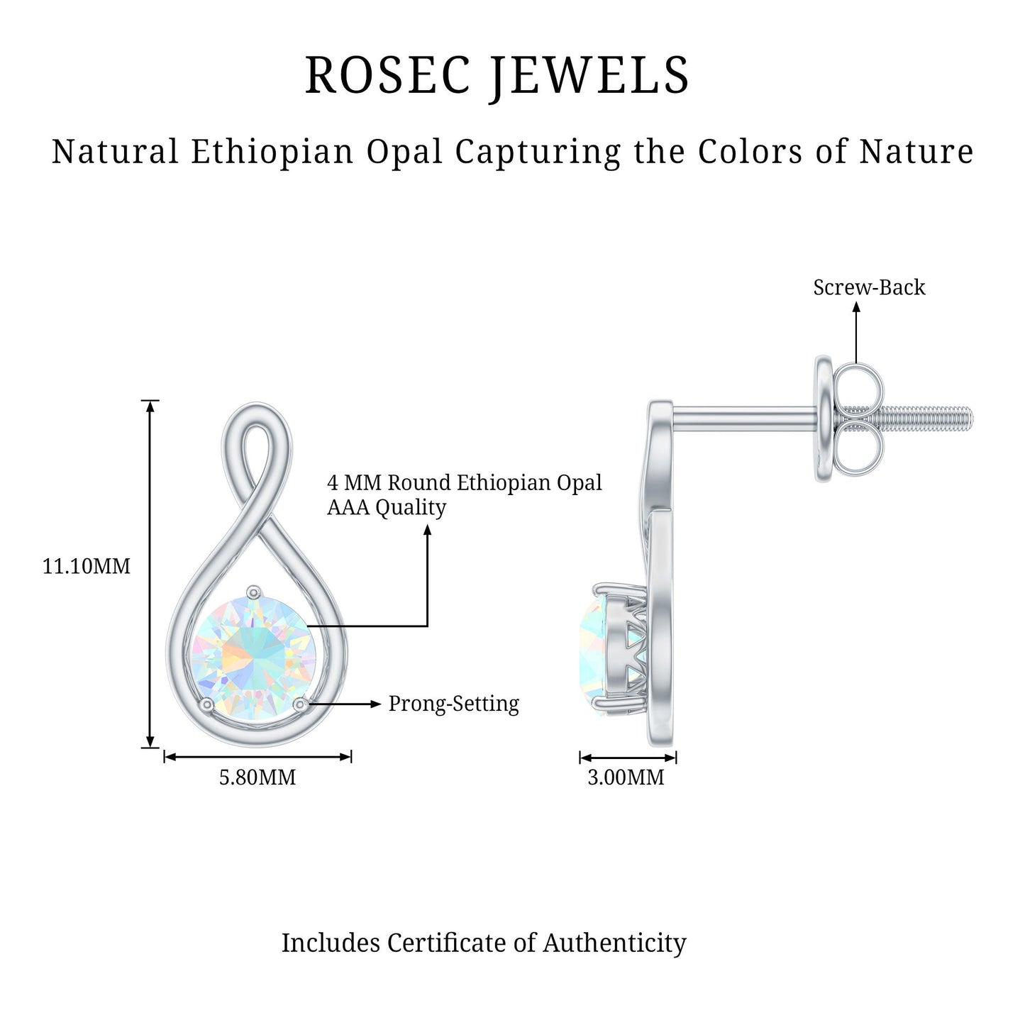 Genuine Ethiopian Opal Infinity Stud Earrings with Certificate