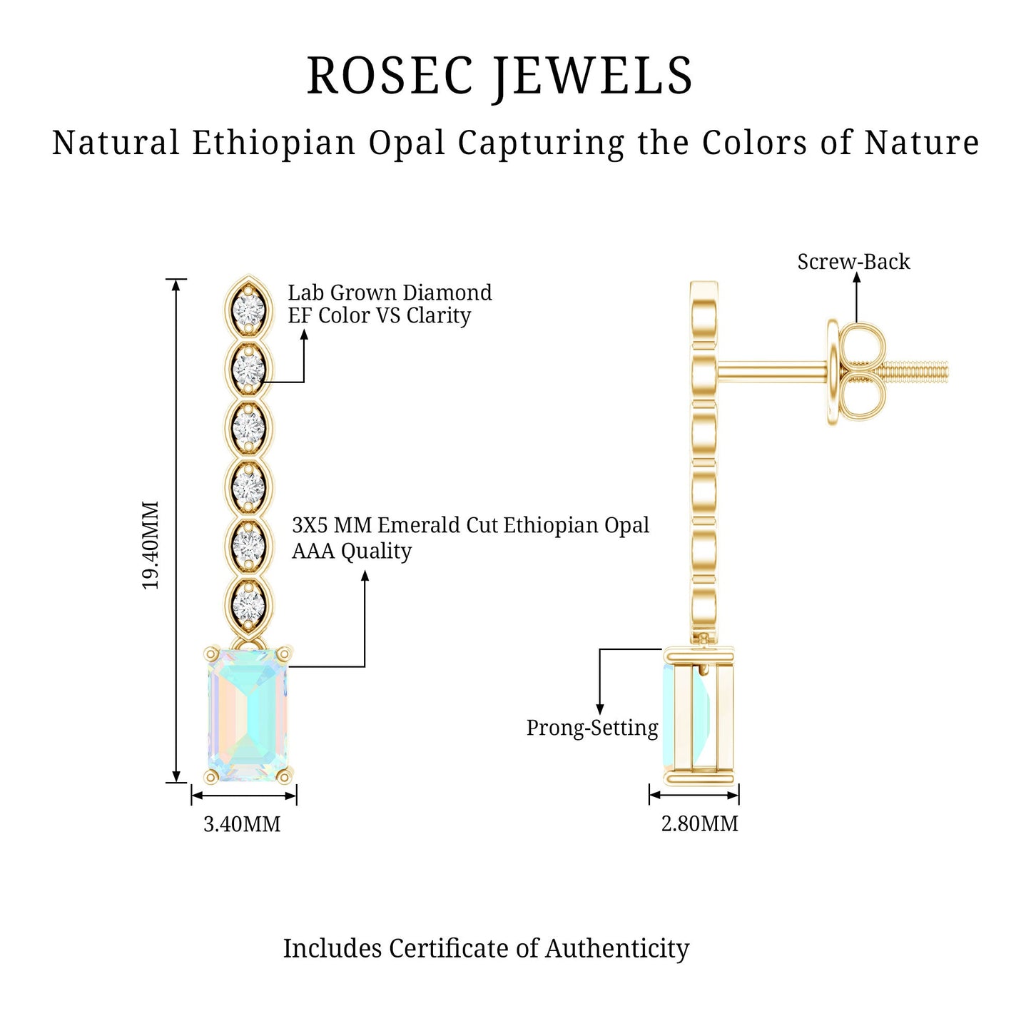 Emerald Cut Ethiopian Opal Drop Earrings with Lab Diamond