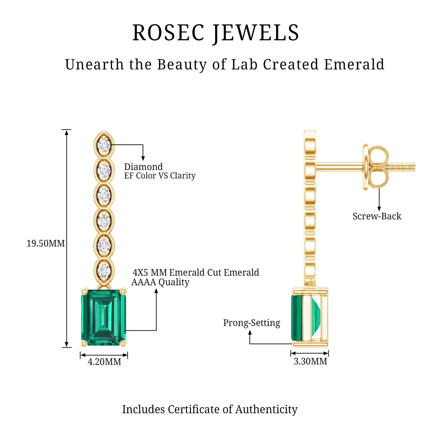 Antique Looking Lab Grown Emerald and Diamond Dangle Drop Earrings