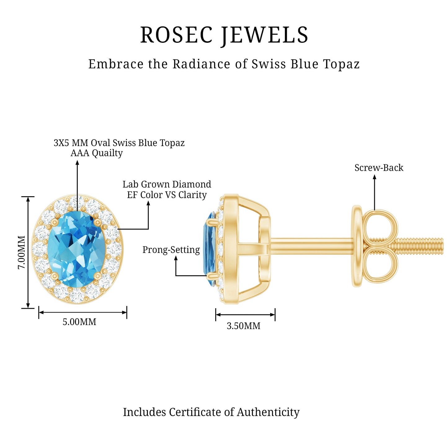 Natural Swiss Blue Topaz Stud Earrings with Diamond Halo