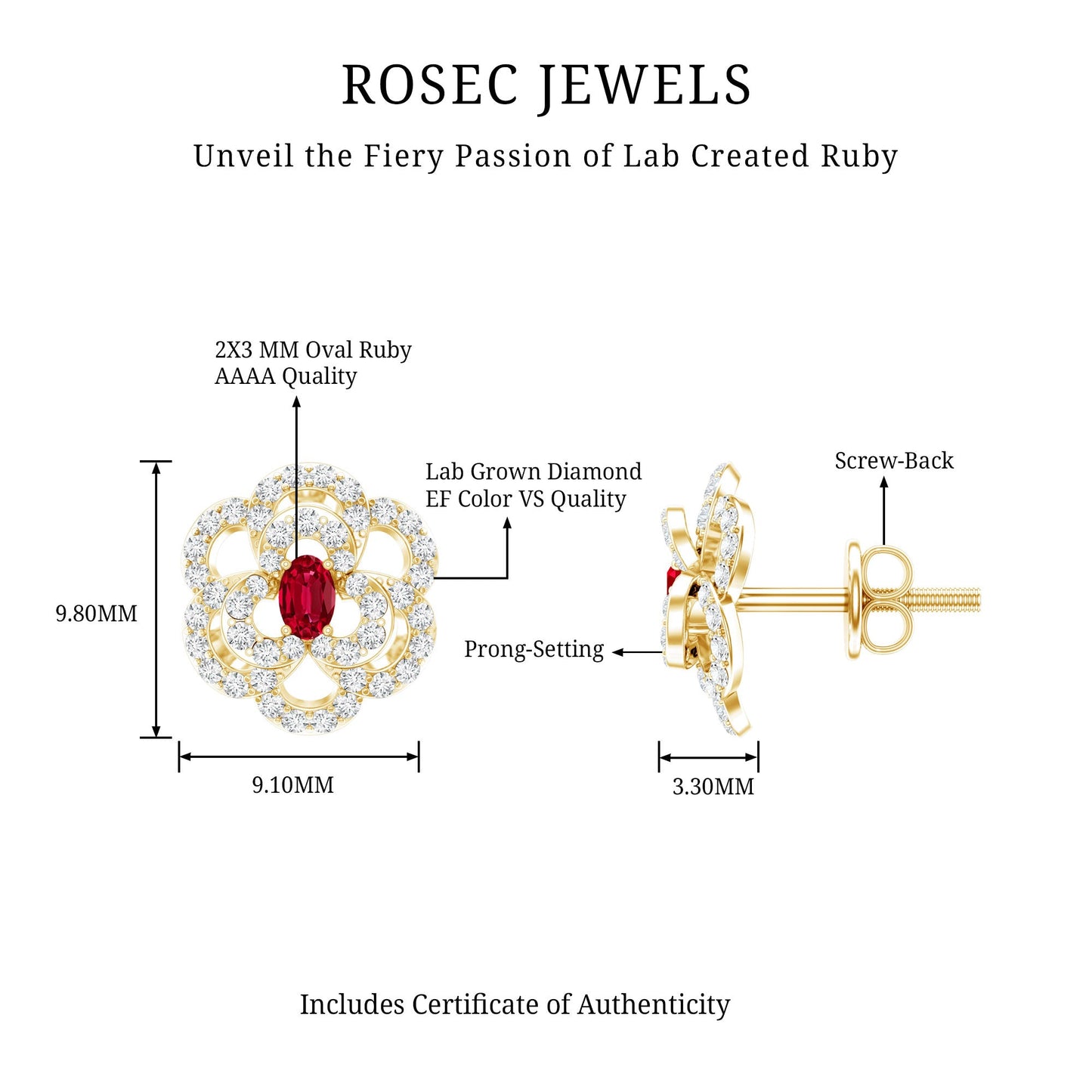 Certified Lab Grown Ruby Flower Stud Earrings with Diamond