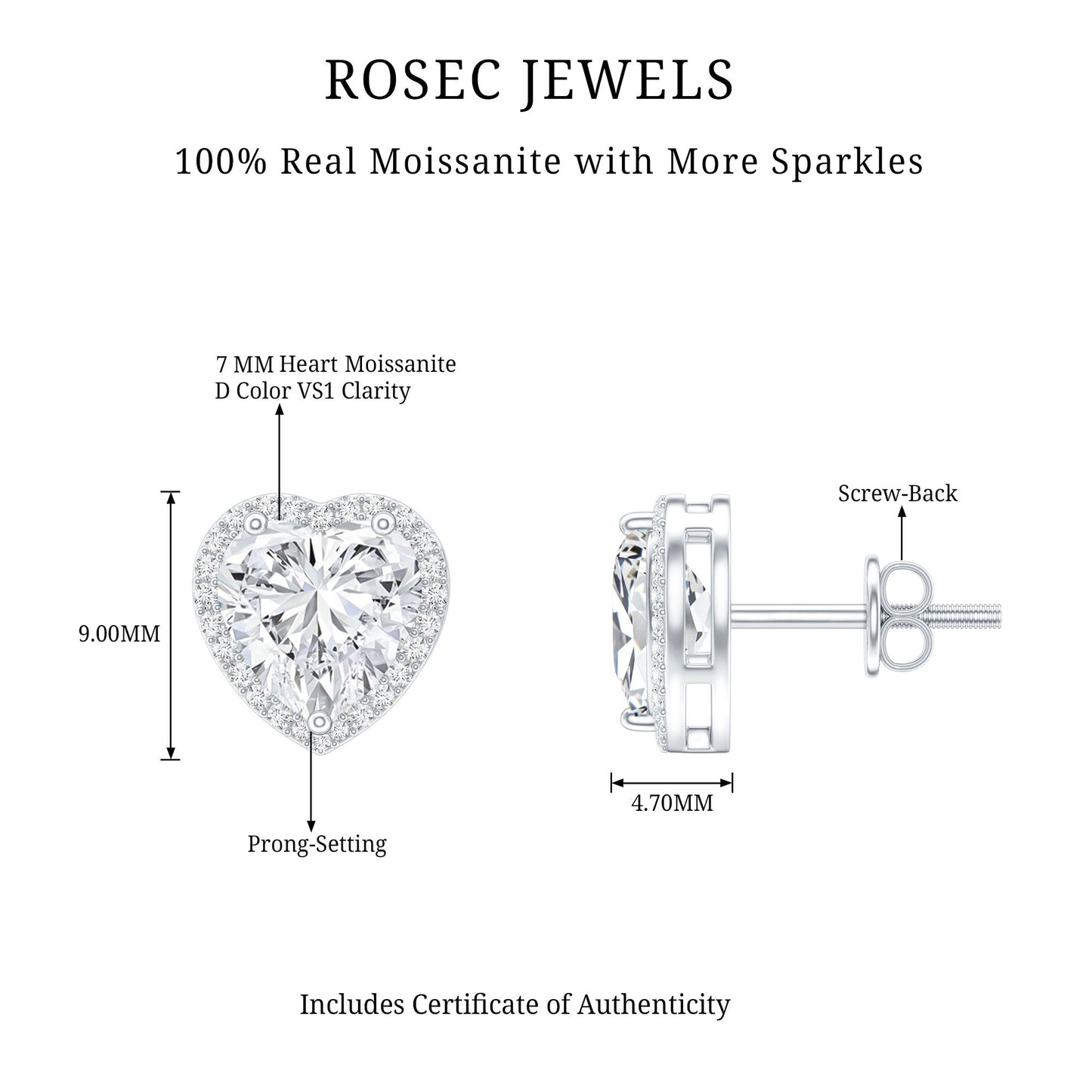 Certified 3 Carat Heart Moissanite Halo Stud Earrings