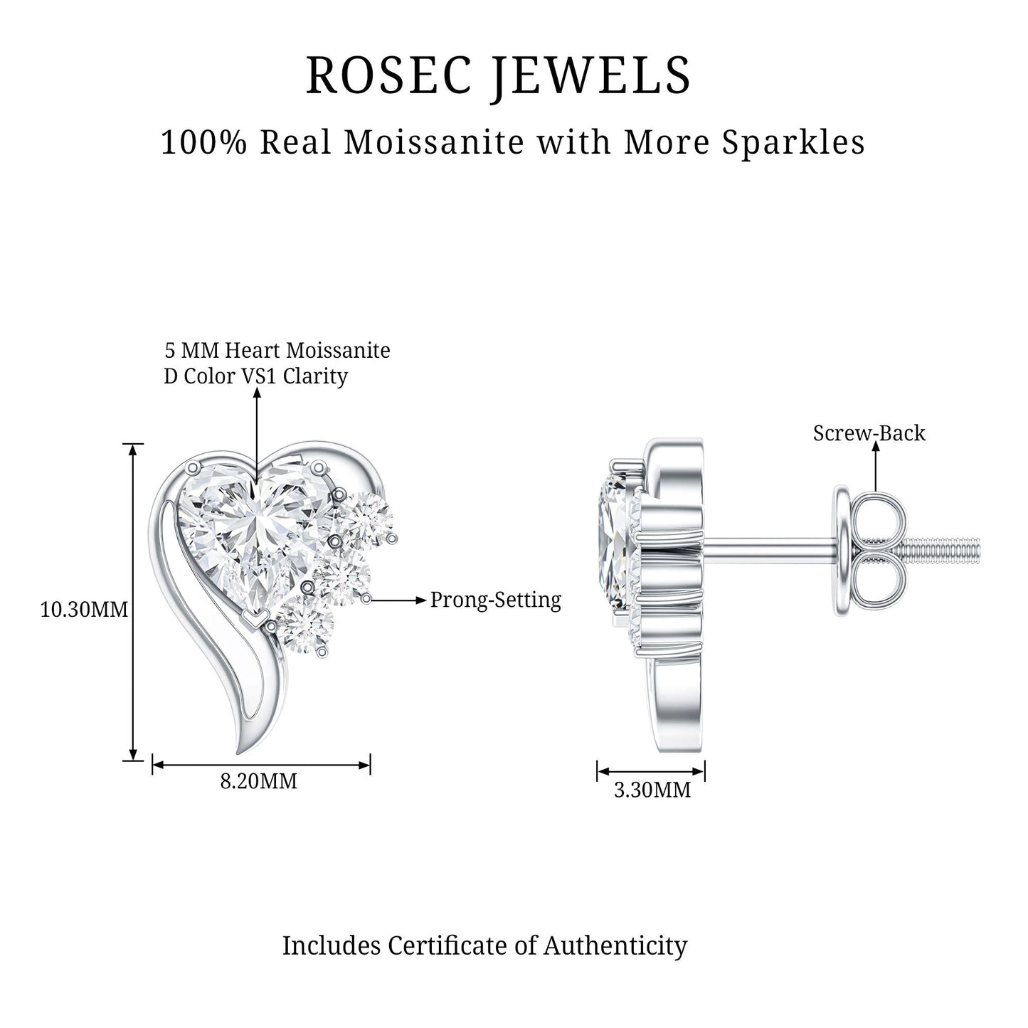 Heart Shape Moissanite Stud Earrings with Screw Back