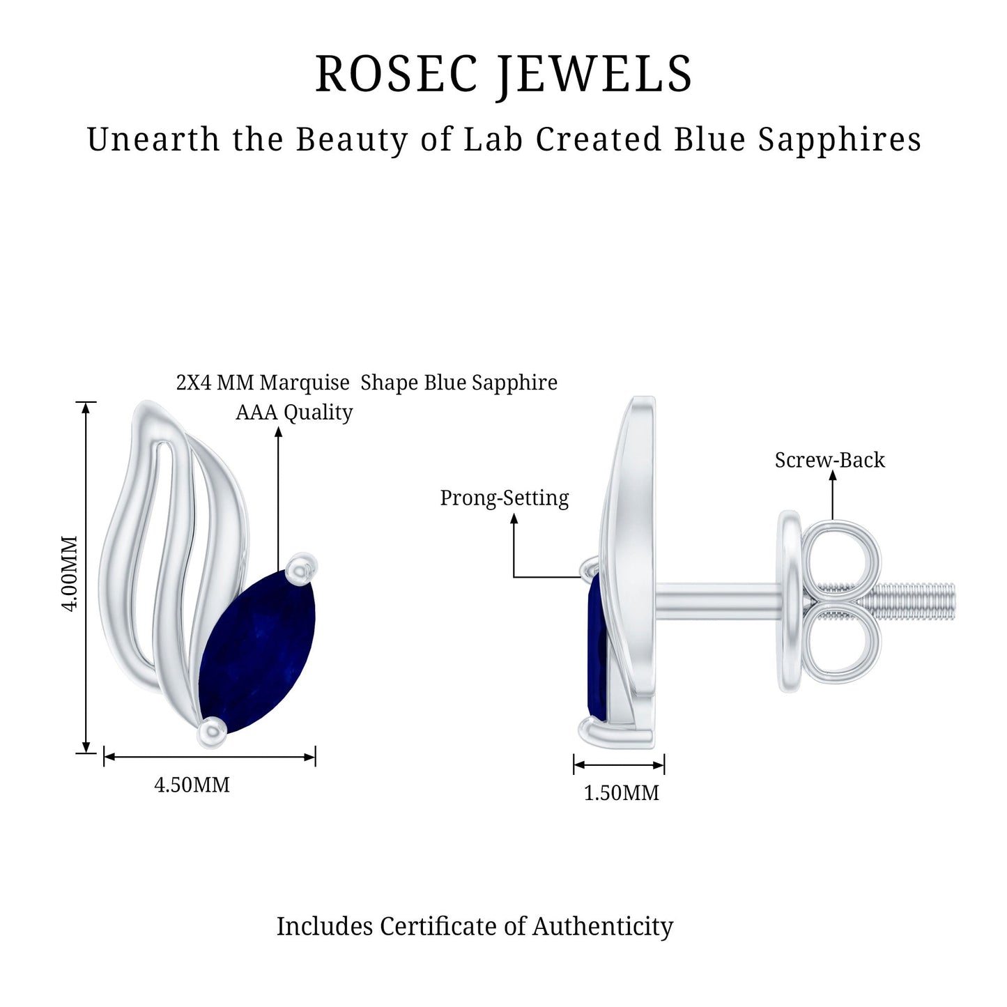 Genuine Marquise Cut Blue Sapphire Leaf Stud Earrings in Silver