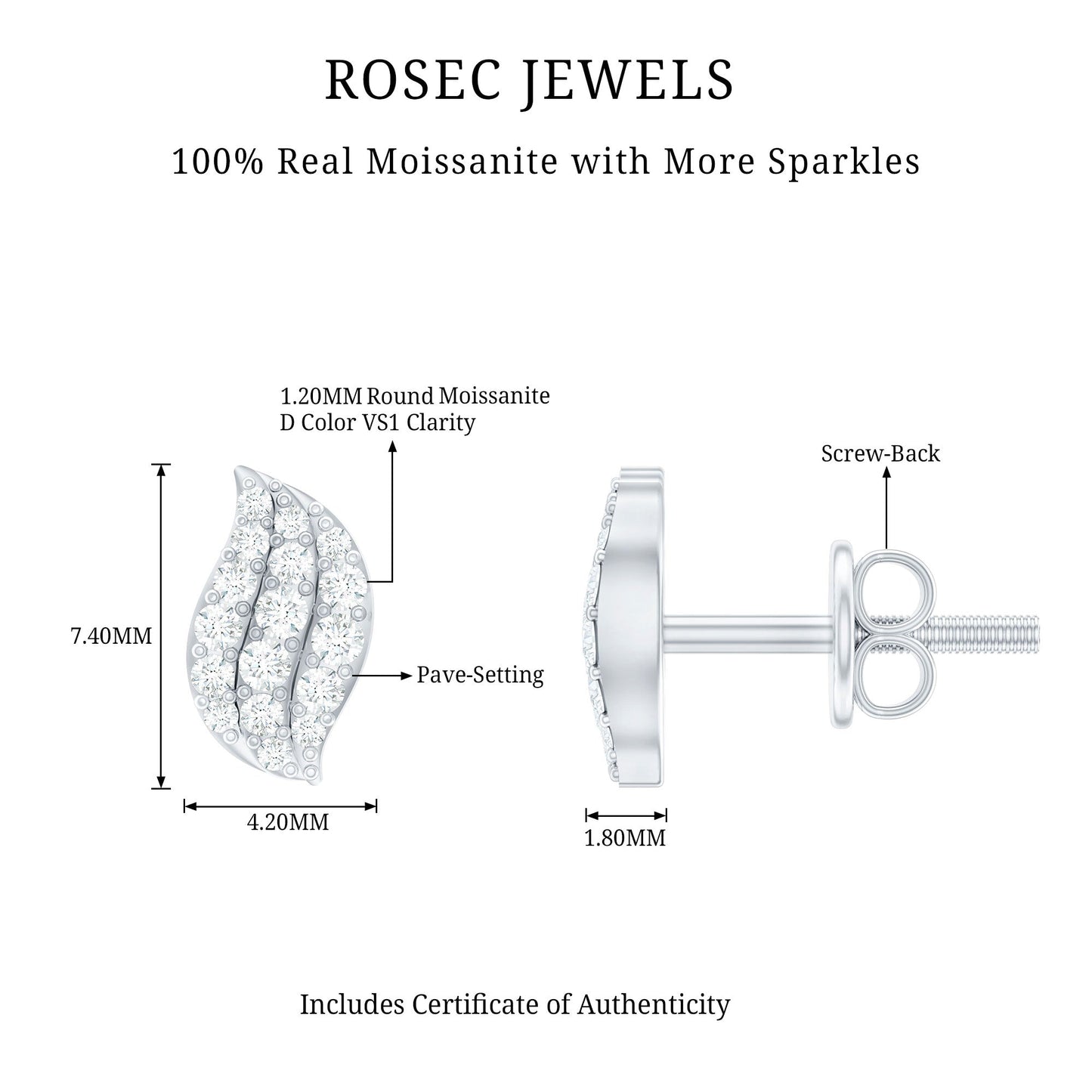 Certified Moissanite Leaf Stud Earrings in Pave Setting