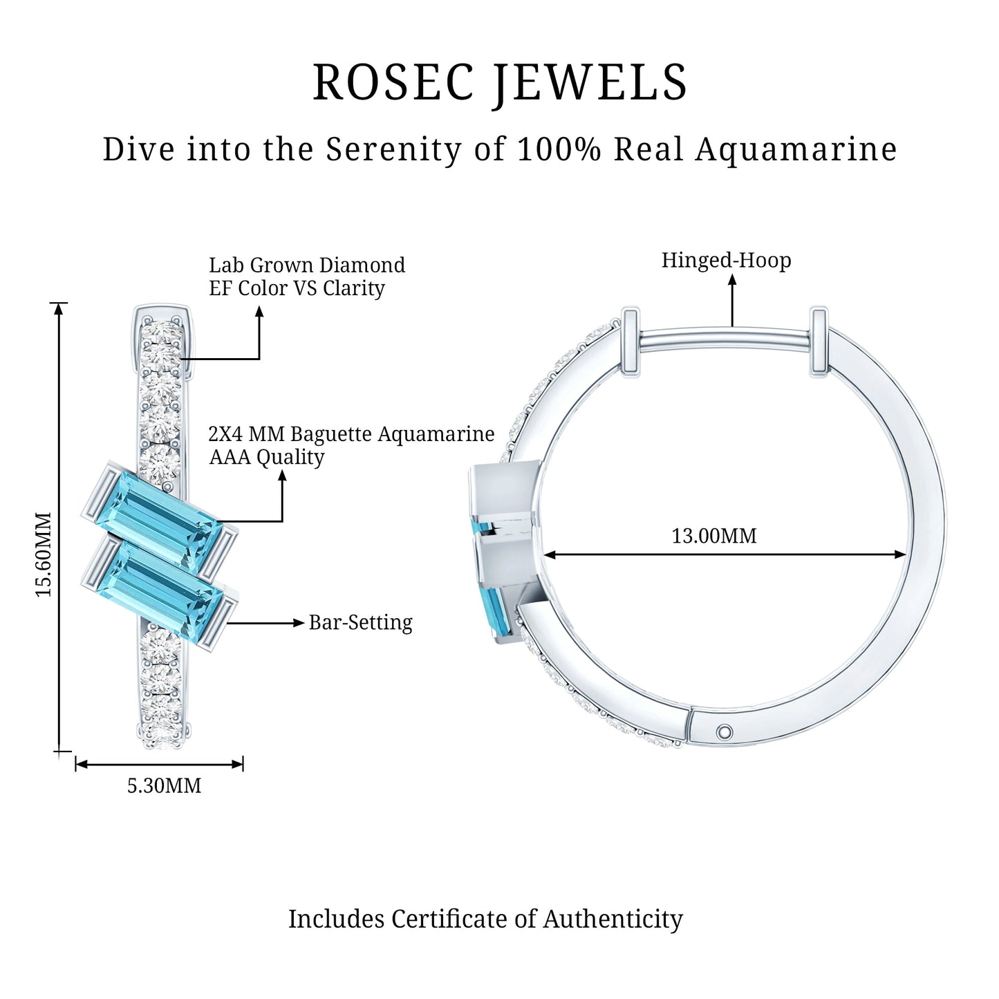 Natural Half Carat Aquamarine Hoop Earrings with Lab Diamond
