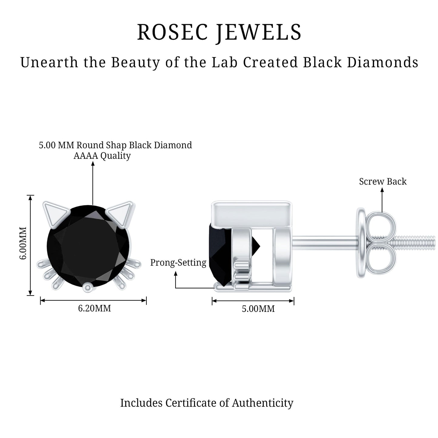 5MM Round Lab Created Black Diamond Cat Stud Earrings