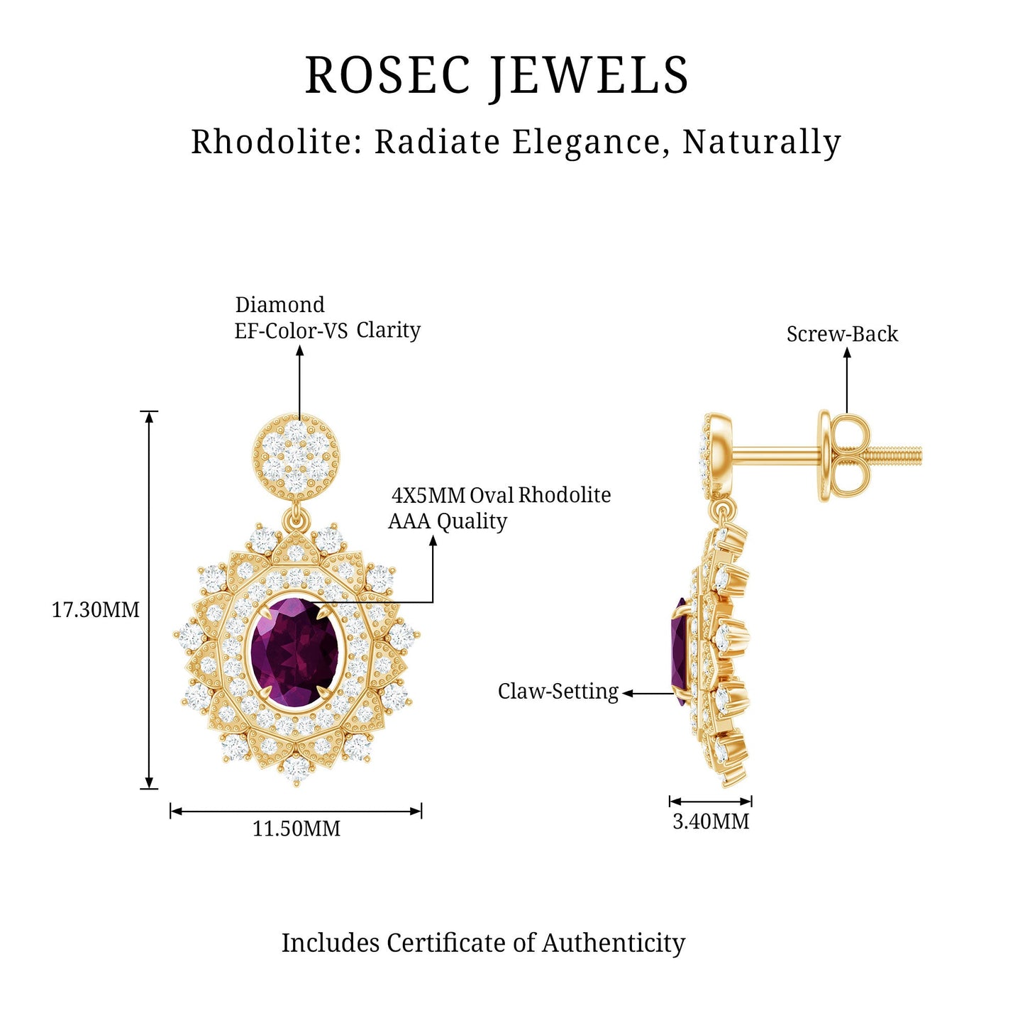 Real 0.8 Carat Rhodolite Drop Earrings with Lab Diamond for Women