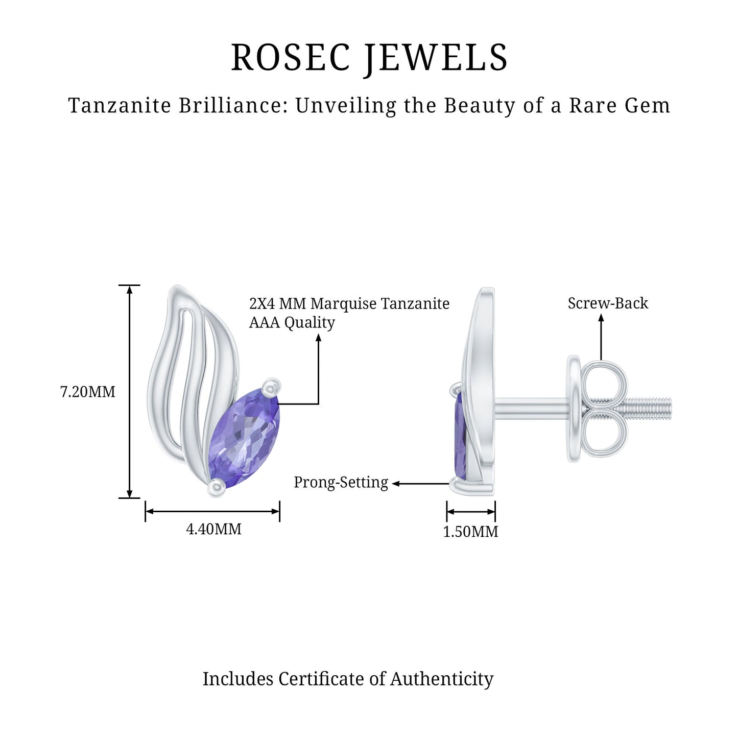 Natural Marquise Tanzanite Leaf Earrings with Screw Back