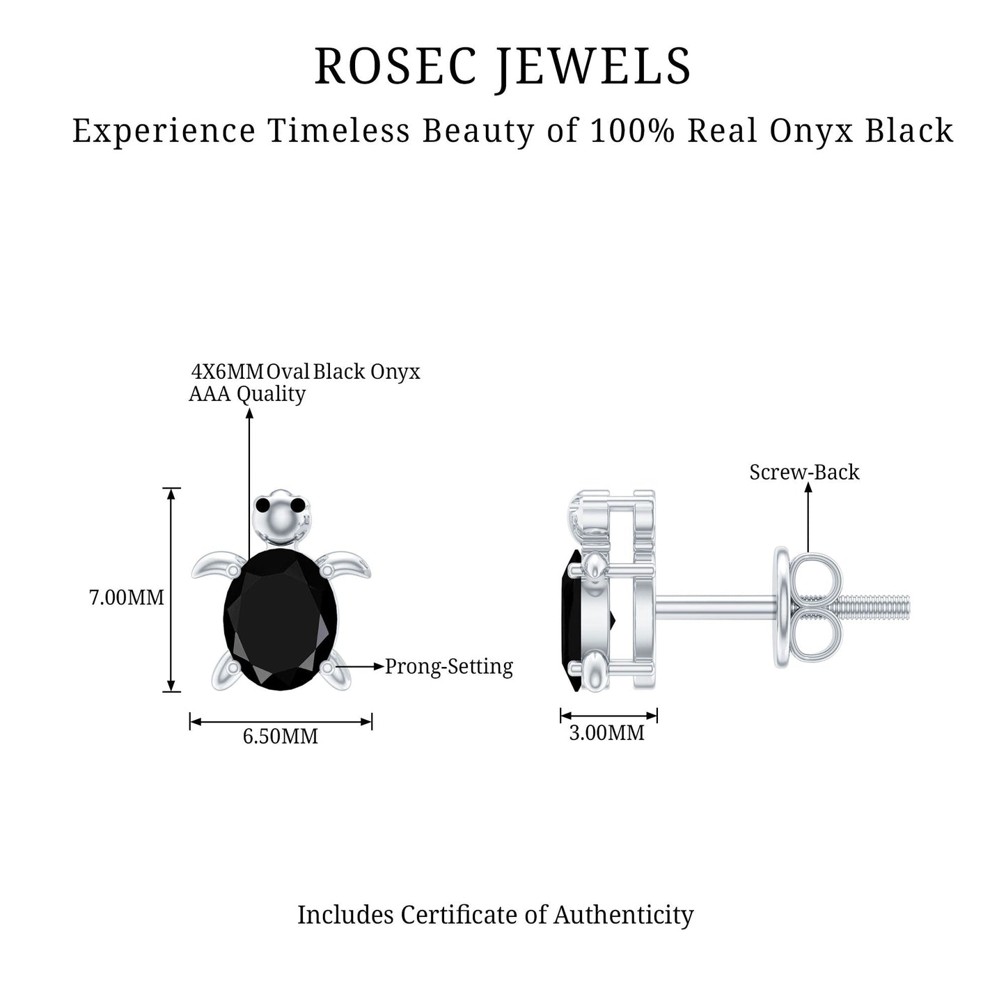 Oval Shaped Black Onyx Turtle Stud Earrings