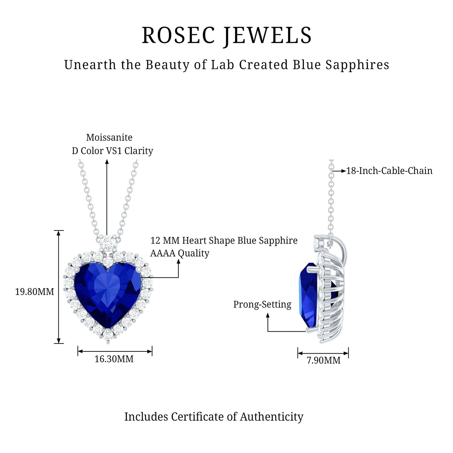 Lab Grown Blue Sapphire Heart of the Ocean Necklace
