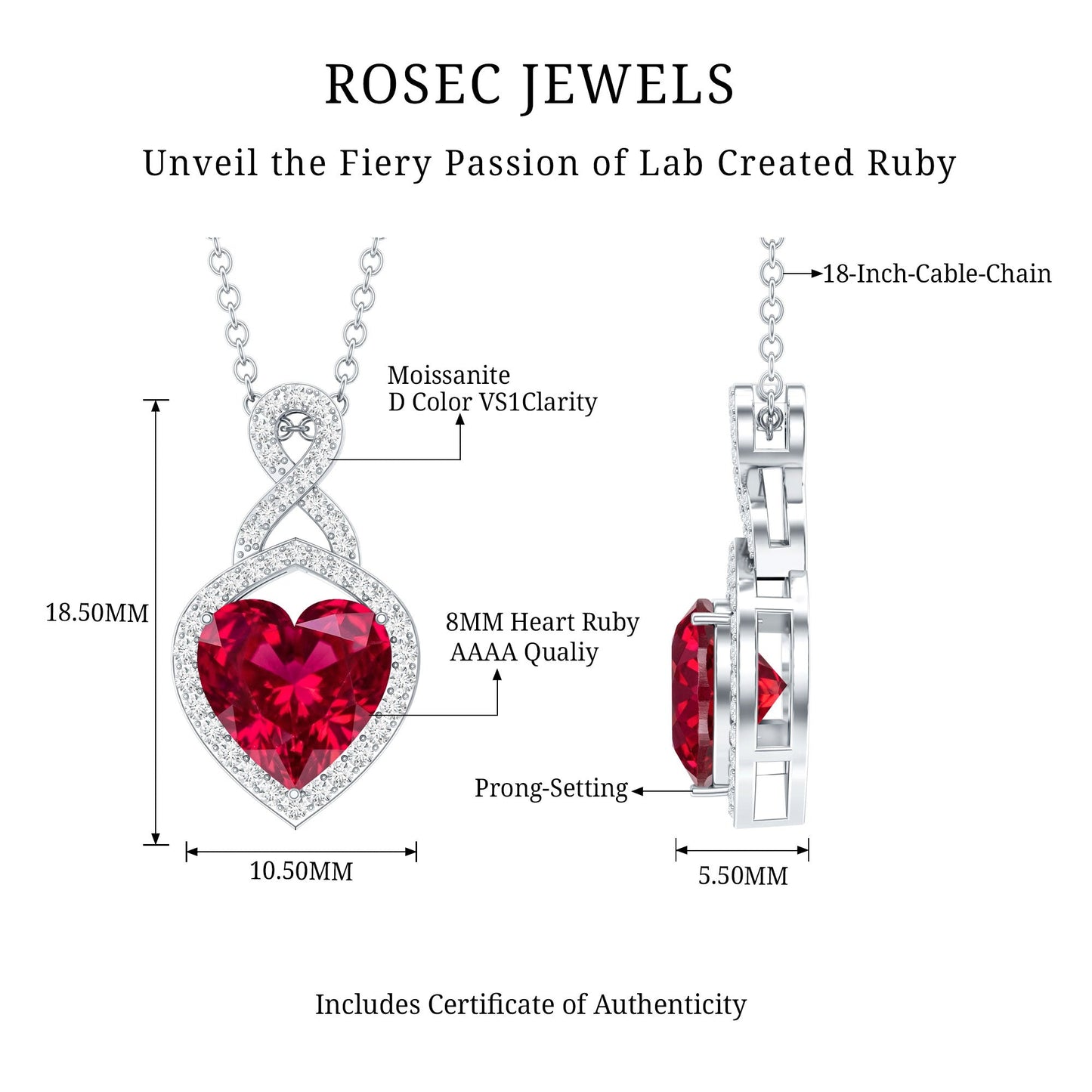 Certified Lab Created Ruby Heart Infinity Necklace With Chain
