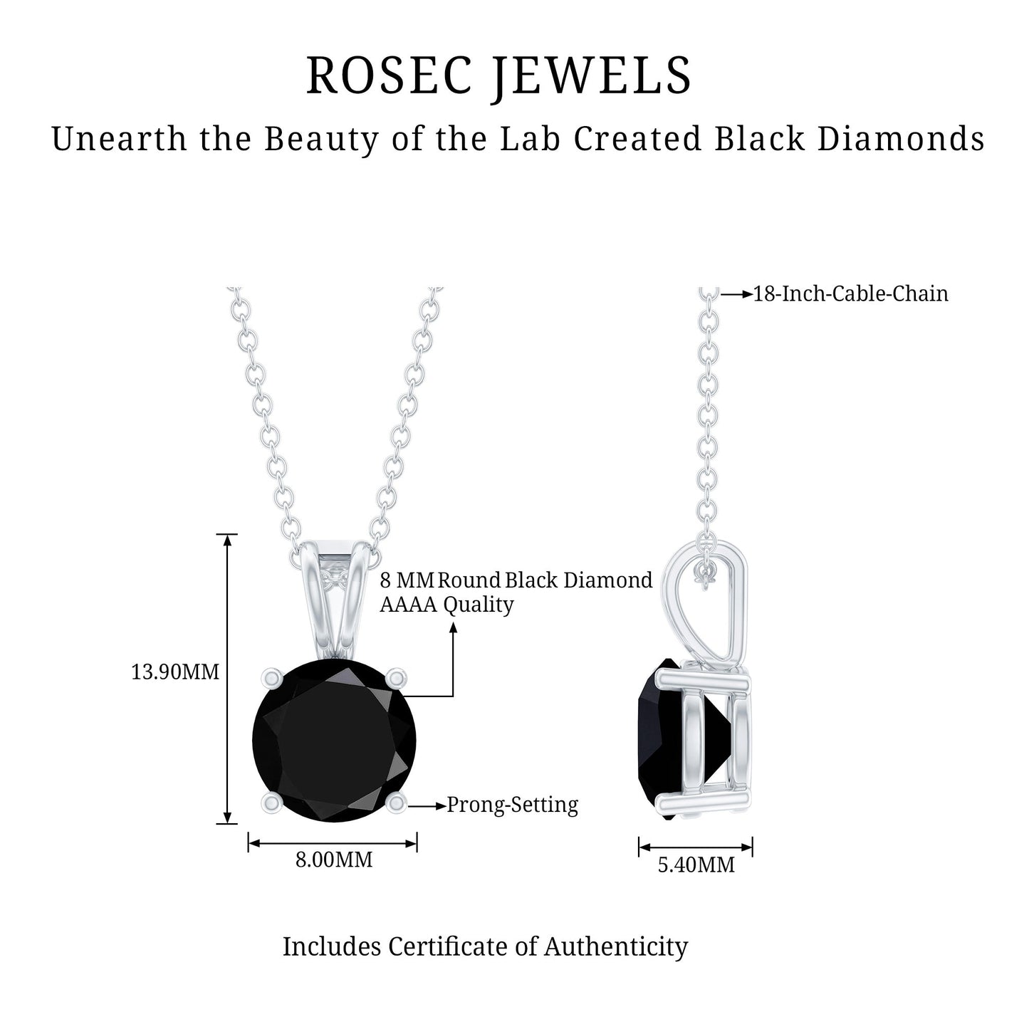 Certified 2 Carat Lab Created Black Diamond Solitaire Pendant Necklace