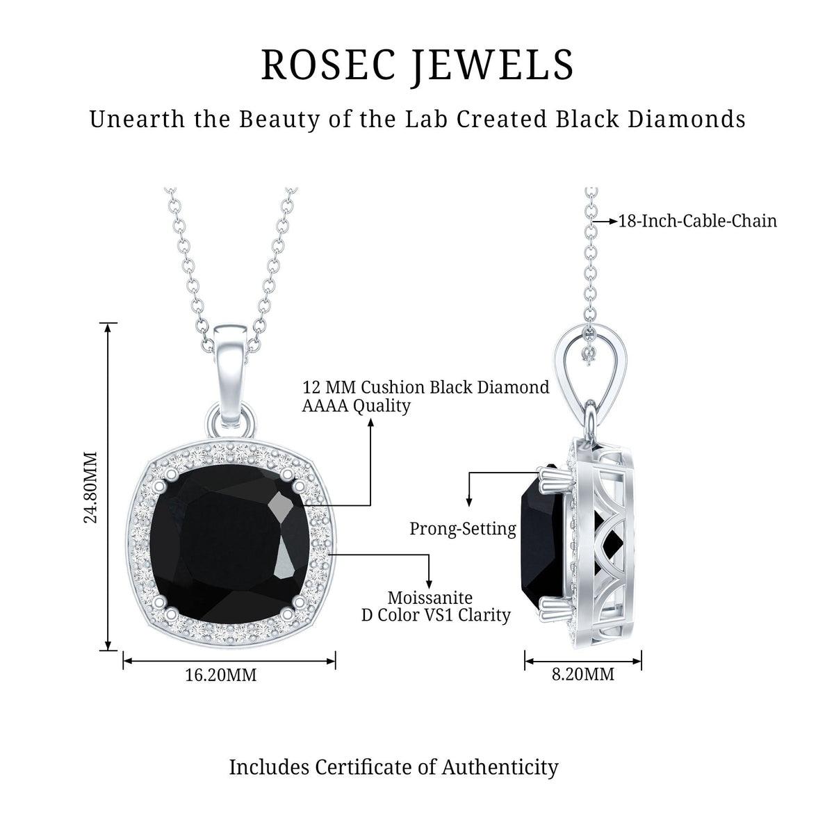 6 Carat Cushion Cut Lab Grown Black Diamond Halo Necklace with Silver Chain