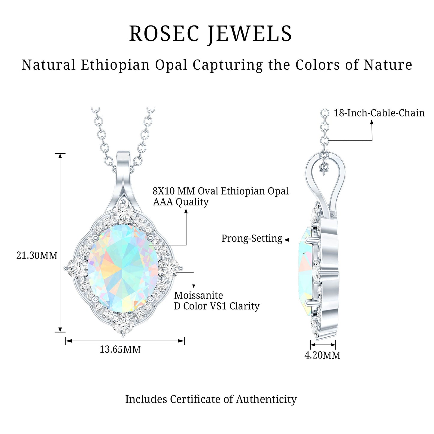 1.3 Carat Oval Cut Rainbow Opal Art Deco Necklace with Moissanite Halo