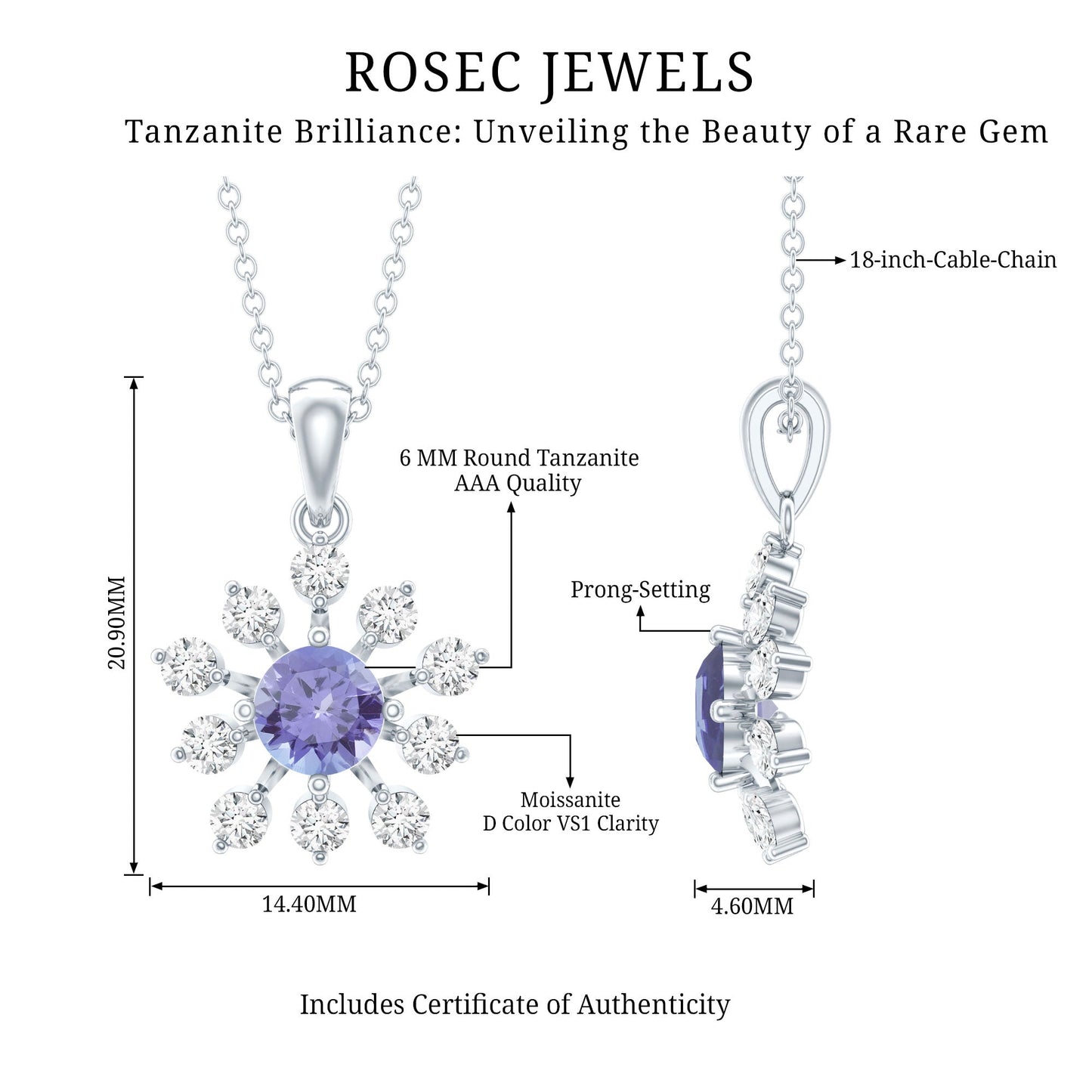 Certified Genuine Tanzanite Snowflake Necklace with Silver Chain