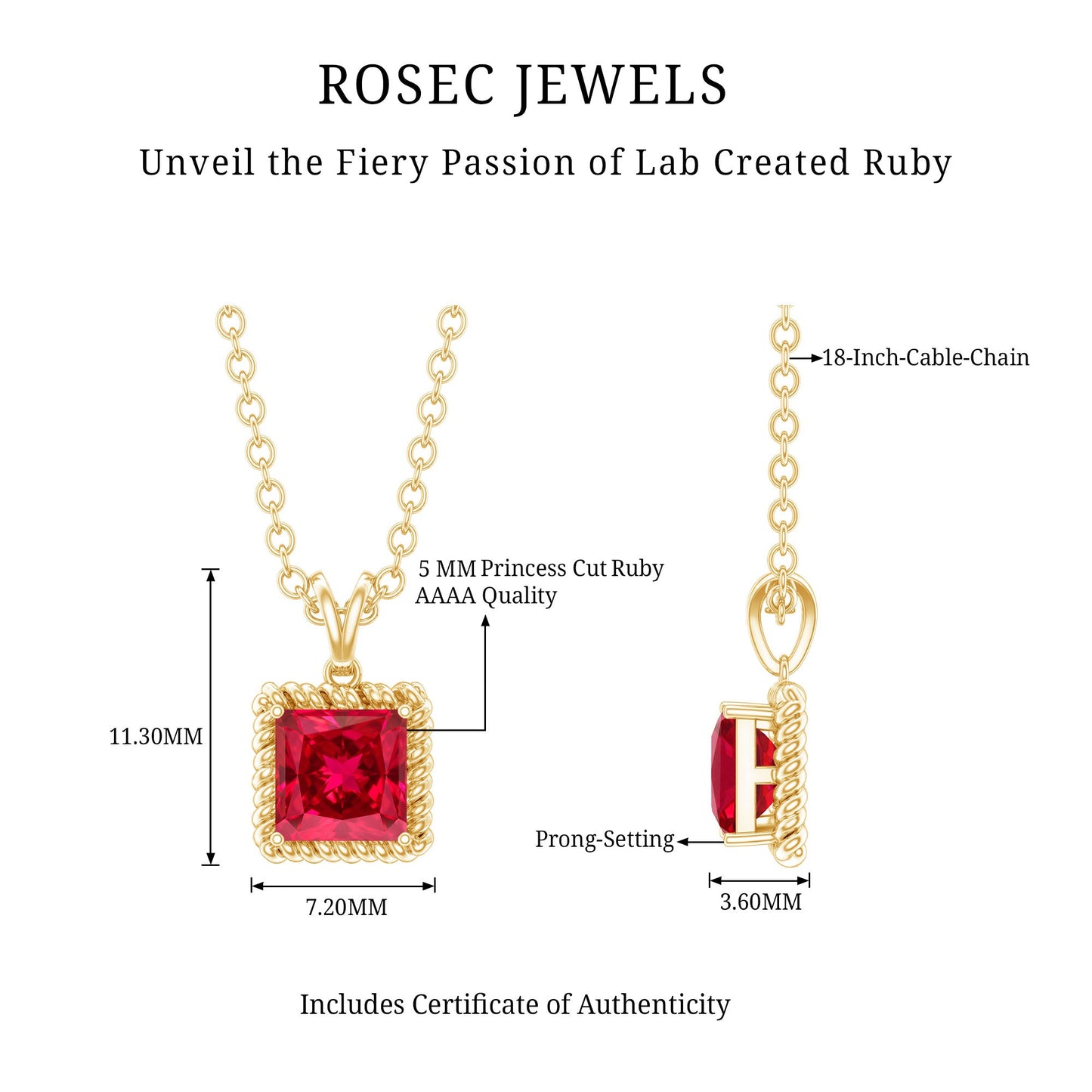 Princess Cut Lab Created Ruby Solitaire Pendant with Rope Frame