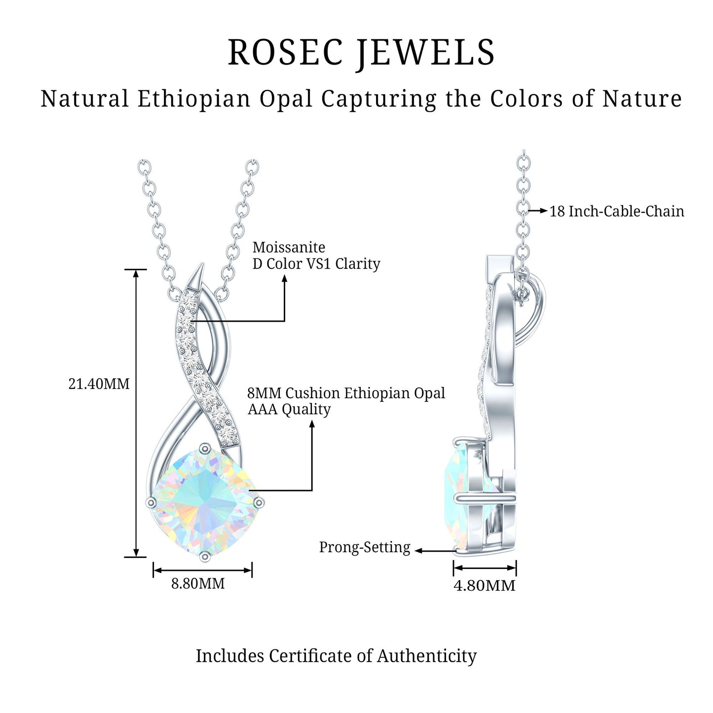 1.87 Carat Cushion Cut Ethiopian Opal Infinity Pendant with Silver Chain